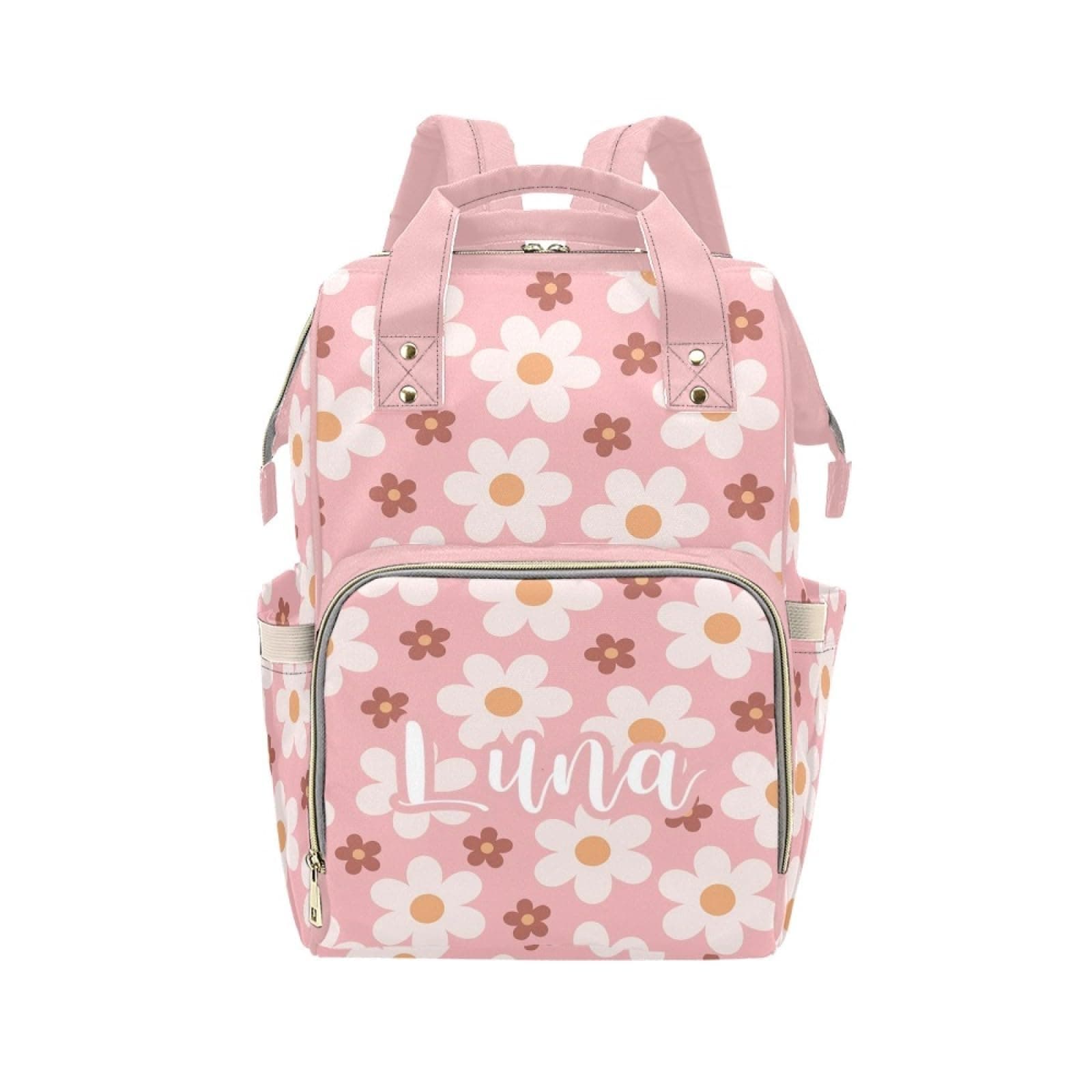 COWSROCK Custom Name Diaper Bag Backpack – Pink Flower Personalized Baby Nappy Bag with Insulated Bottle Holders – Waterproof Large Capacity Travel Backpack Gift for Parents