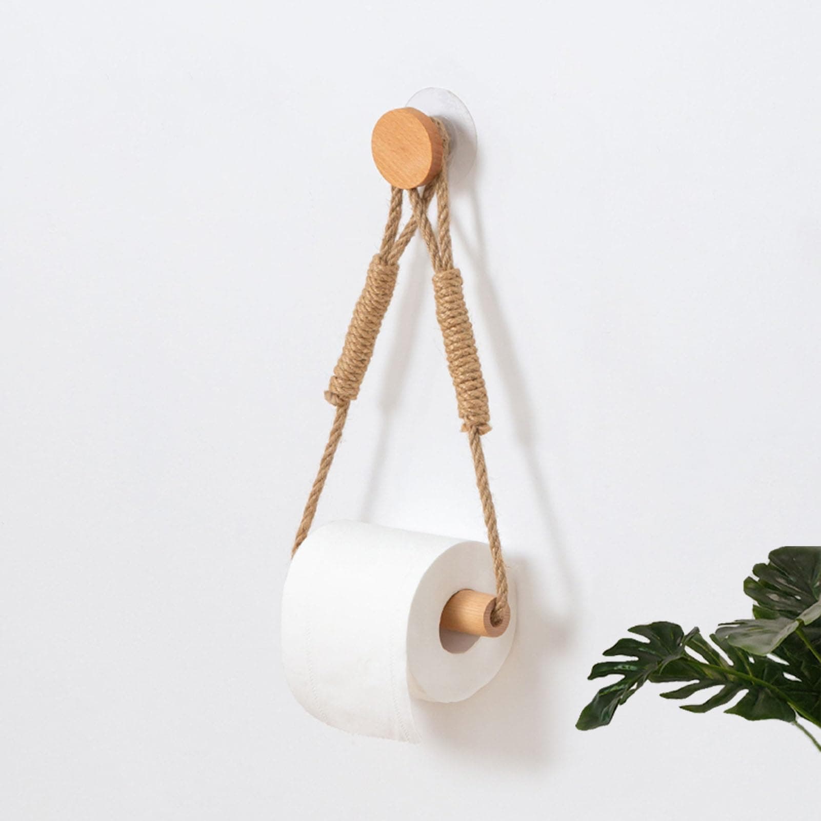 Wood & Rope Wall Toilet Paper Holder, Rustic Tissue Rolls Paper Holder Wall Mounted, Nautical Rattan Bathroom Accessories with Self-Adhesive Seamless Screw