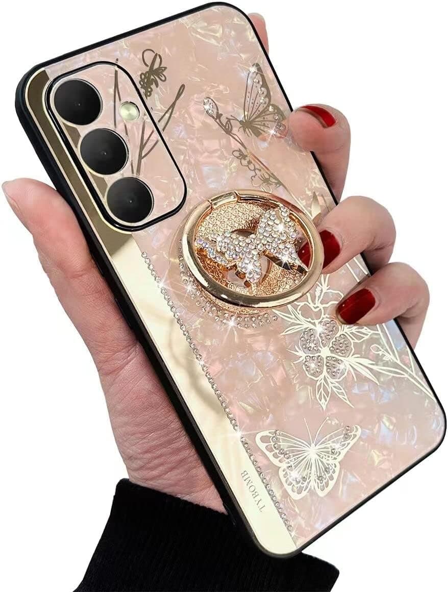 AMAZFCCY Cute Bling Case for Galaxy S24 FE, Glitter Sparkle Luxury Rhinestone 3D Butterfly Stand Marble Elegant Diamond Hard Back Soft TPU Bumper for Girls Women for Samsung Galaxy S24 FE (Rose Gold)