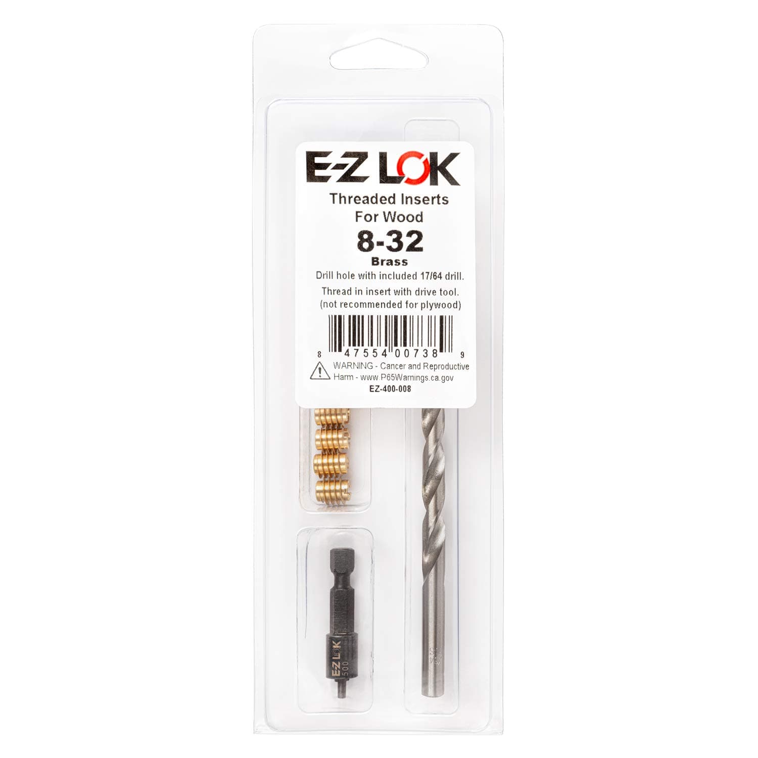 E-Z LOK 400-008 Threaded Inserts for Wood, Installation Kit, Brass, Includes 8-32 Knife Thread Inserts (10), Drill, Installation Tool