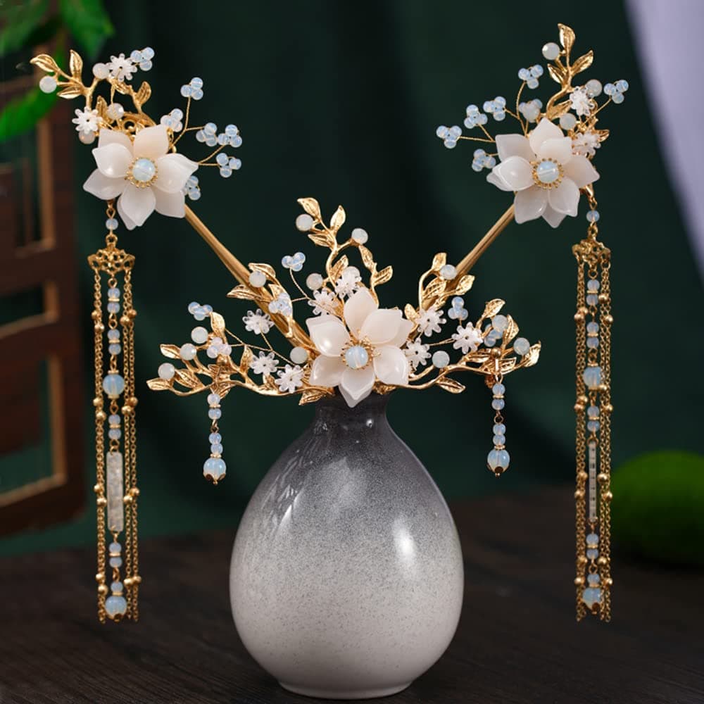 Women's Hanfu Hair Accessory Set - Long Tassel Hair Sticks, Earrings, Hair Pins, Comb in Classical Style (A Pair of Hairpins)