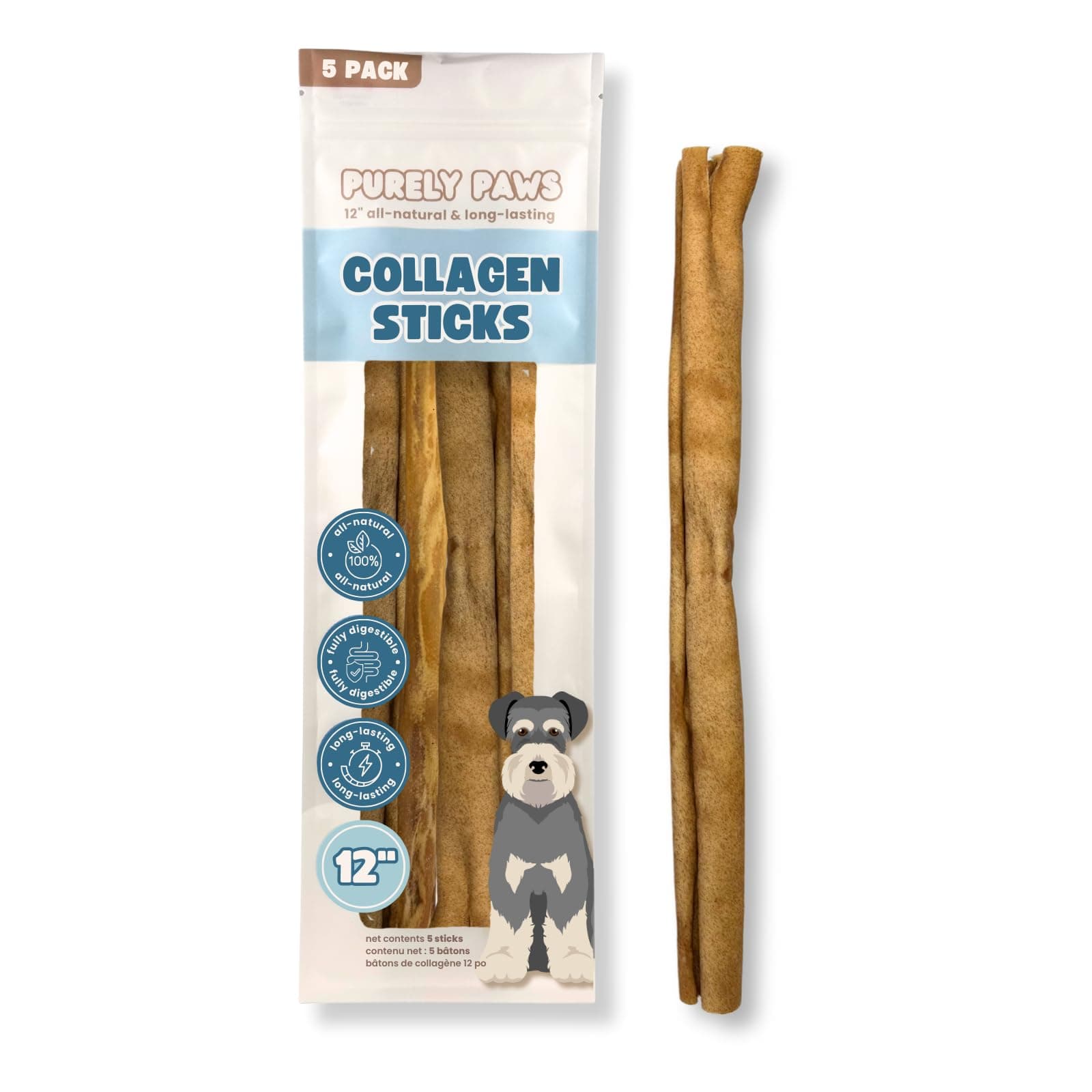 Purely Paws Natural Beef Collagen Sticks for Dogs – Long-Lasting Rawhide-Free Dog Chews – High Protein Treat with Glucosamine & Chondroitin – Canadian Company (12", 5 Count)