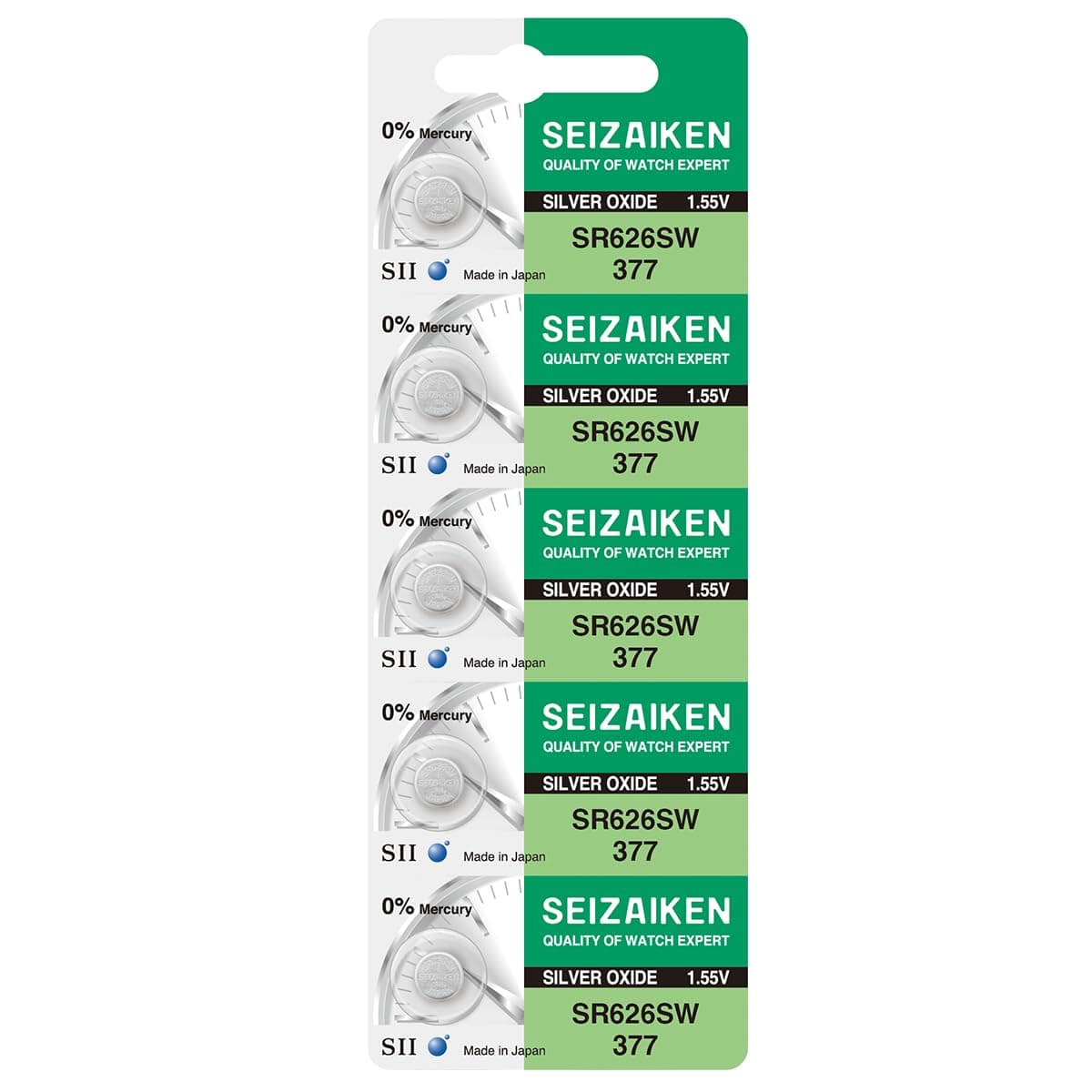 Seizaiken 377 SR626SW 1.55V 0% Hg Silver Oxide Watch Battery (5 Batteries) Made in Japan by Seiko