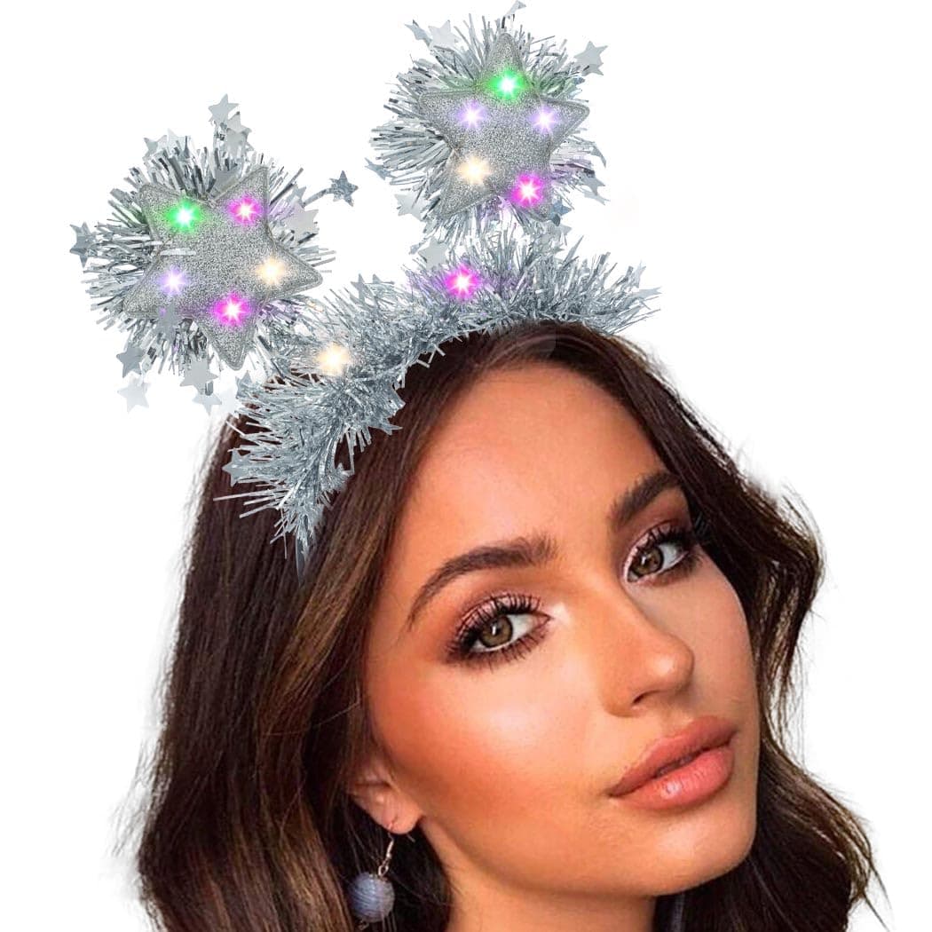Coridy Light up Christmas Headbands Sparkling Stars Head Boppers Tinsel Hair Accessories for Women Happy New Year (B-Sliver/Colorful)