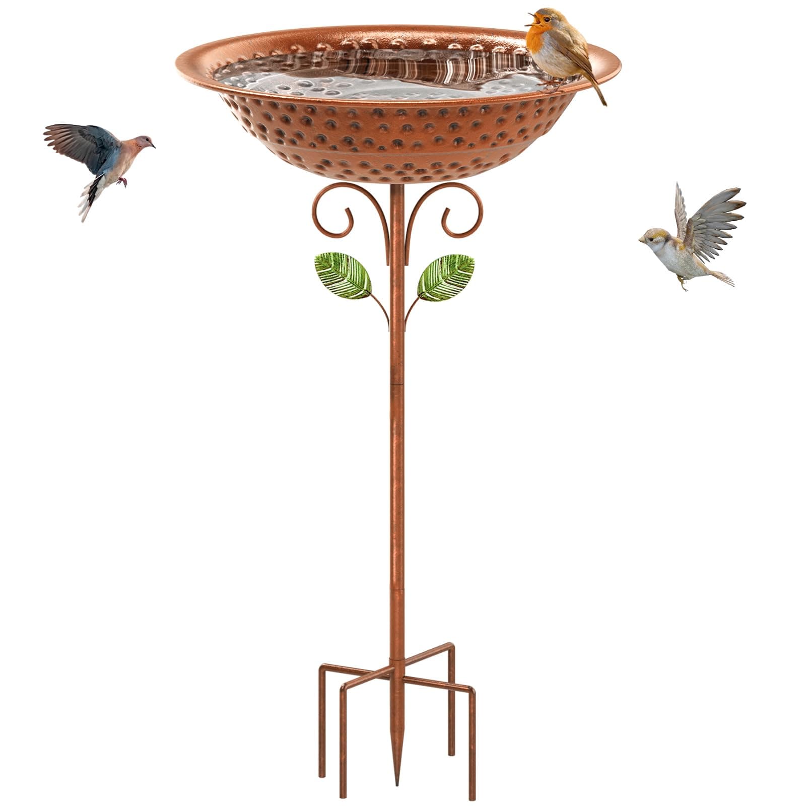KHayRovies Metal Bird Bath for Outdoors Garden Birdbath Bowl, Standing Bird Feeders for Outside with 5 Prongs Base Stake, Freestanding Birdfeeders for Yard Lawn Decor (Green Leaf Style)