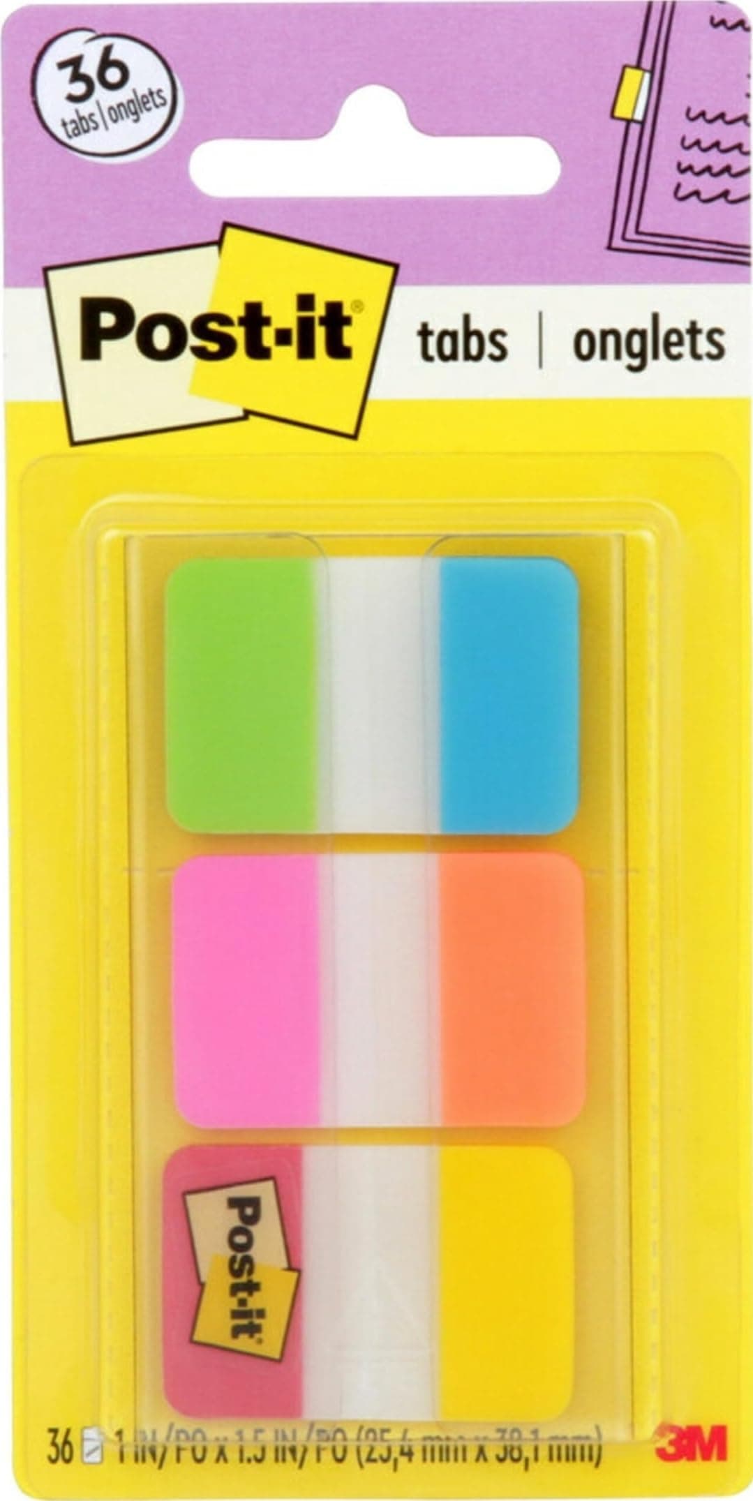 Post-it Onglets, 1" uni, turquoise, jaune, rose, rouge, vert, orange, 6/couleur, 36/distributeur (686-ALOPRYT)