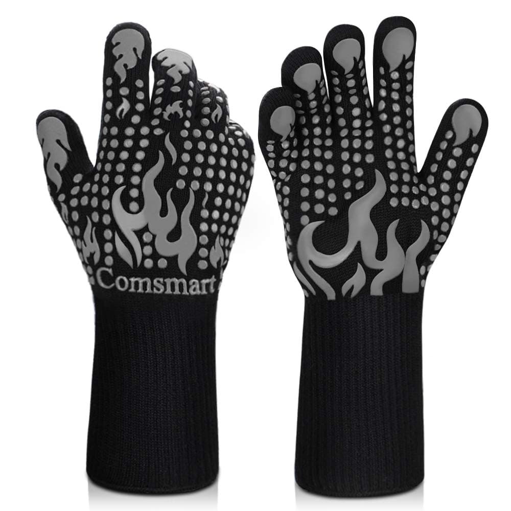 Comsmart BBQ Gloves, 1472 Degree F Heat Resistant Grilling Gloves Silicone Non-Slip Oven Gloves Long Kitchen Gloves for Barbecue, Cooking, Baking, Cutting, Grey