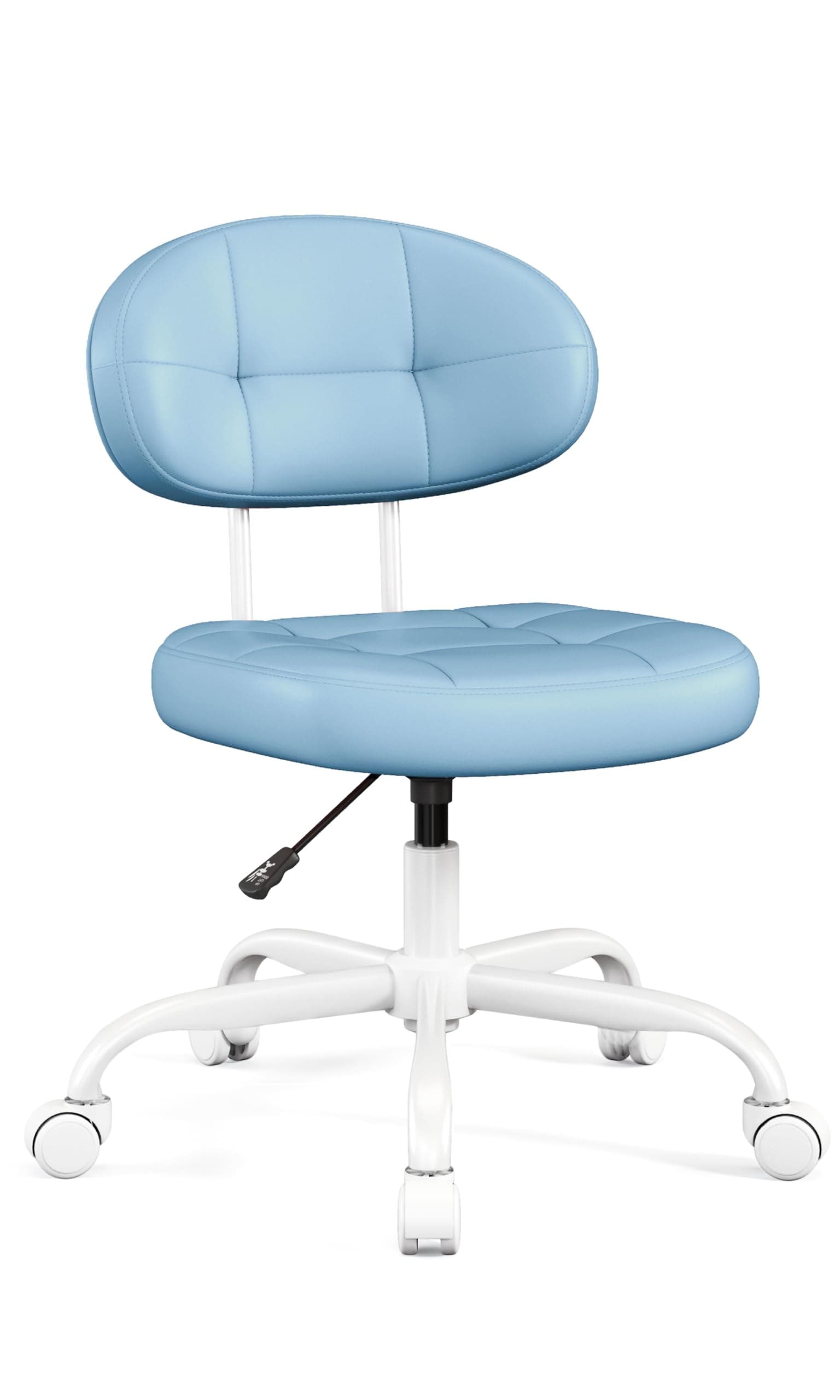 Misolant Vanity Chair with Back, Small Armless Cute Office Chair with Wheels and Lumbar Support, Comfy PU Leather Desk Computer Chairs with Adjustable Height, 360°Swivel for Home Bedroom Office, Blue