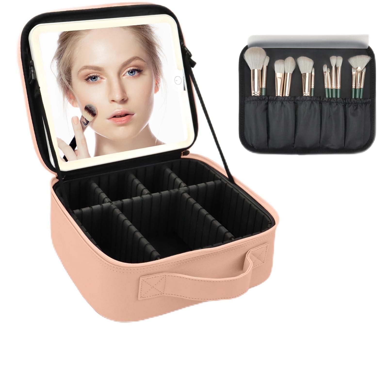 MORMID Makeup Bag with Led Mirror,Large Vanity Makeup Cases with 3 Color Setting,Portable Storage and Adjustable Dividers,for Women and Makeup Artists Cosmetic Organizer Travel Makeup Bag, khaki, With