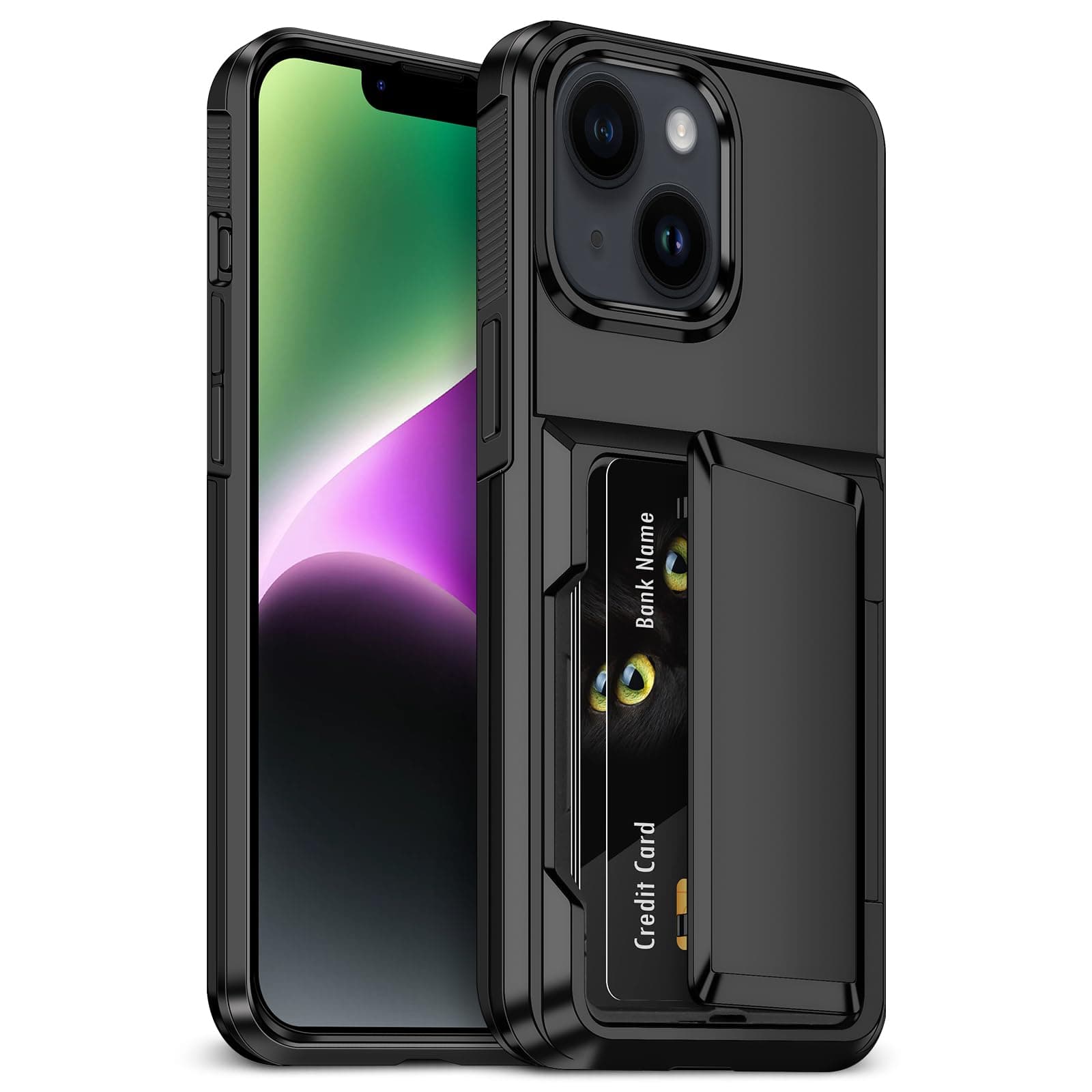 YEBOLU for iPhone 14 Case with Card Holder [Max 5 Cards] Heavy Duty Protective Shockproof Case Dual Layer Hidden Sliding Card Slot Wallet Case for iPhone 14 Phone Case for Women&Men 6.1'' (Black)