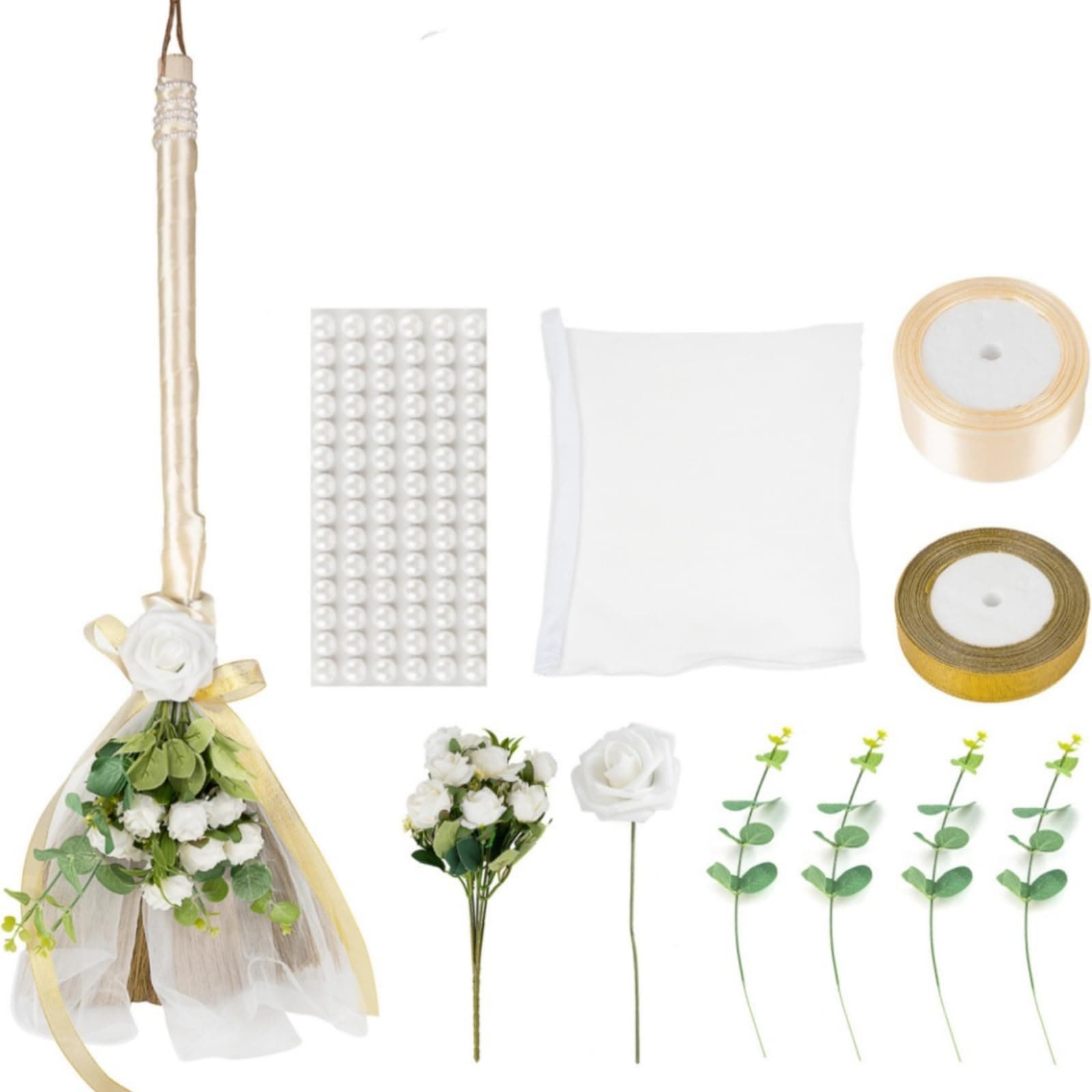 Wedding Broom for Jumping Ceremony, Decorative Broom DIY Wedding Decor, White Tulle Accents with Pearl Gold Ribbon Artificial Flower Bouquets