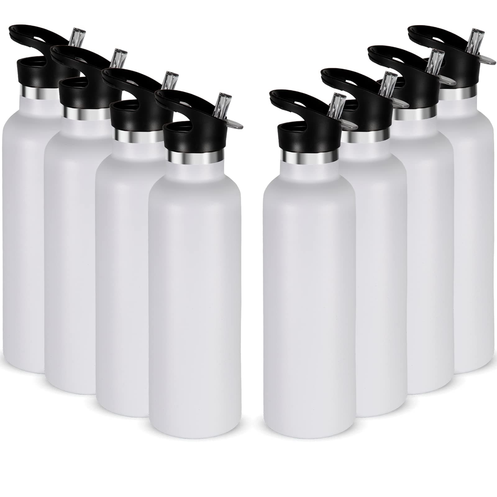 Neihepal 24oz Insulated Water Bottles Bulk 8 Pack,Stainless Steel Double Wall Sport Bottle with Straw Lid,Metal Reusable Thermoses Cup with Hand Cap for School,Cyclists,Hikers,Gift (White,Set of 8)