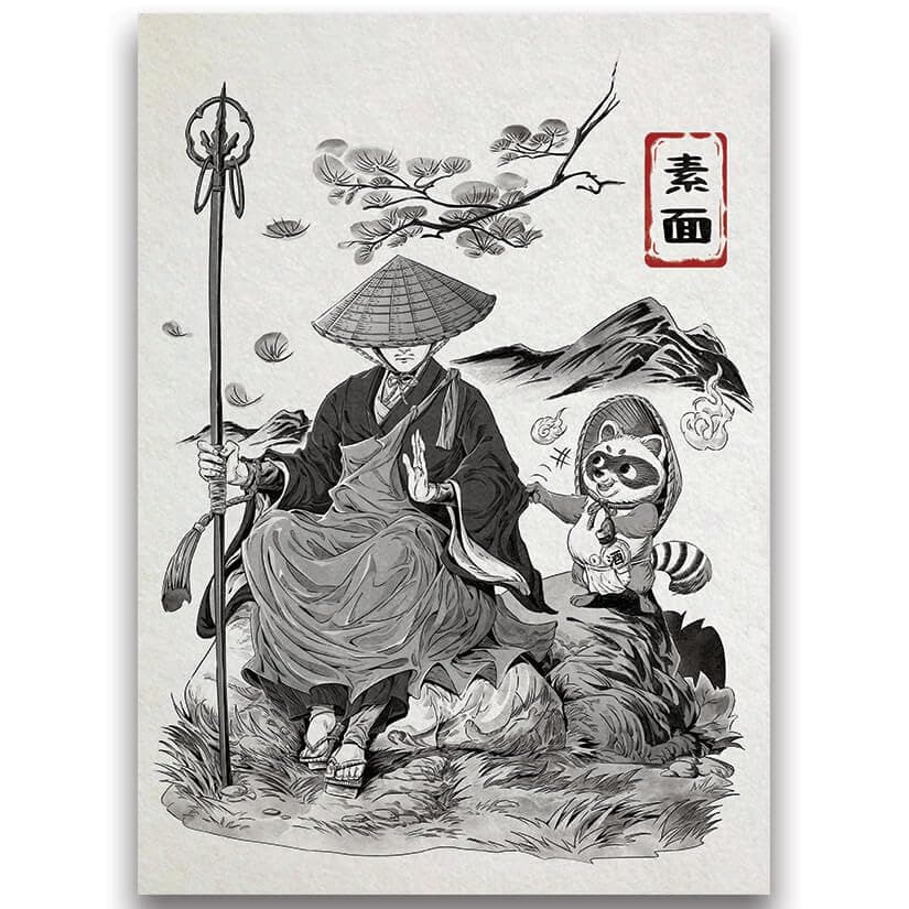 Fantasy North - Monk and The Tanuki - Japanese Inked Yokai Series - 100 Textured Matte TCG Card Sleeves - Fits Magic MTG Commander Pokemon and Other Card Games - Playing Card Sleeves