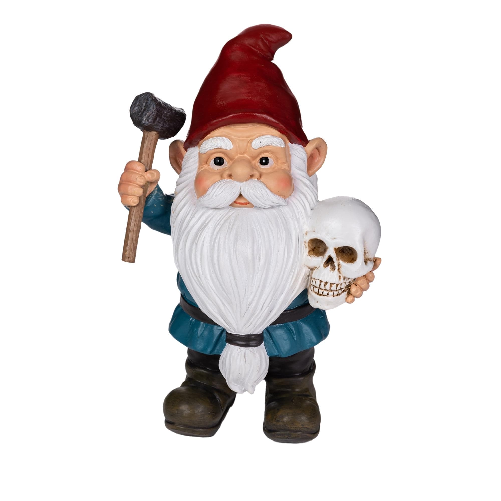 GIOMLE Cave-Gnome Garden Statue - Funny Warrior Gnome with Hammer and Skull - Hand-Painted Resin Lawn Ornament for Outdoor Patio, Yard, and Indoor Desk Decor - Unique Gothic Gag Gift