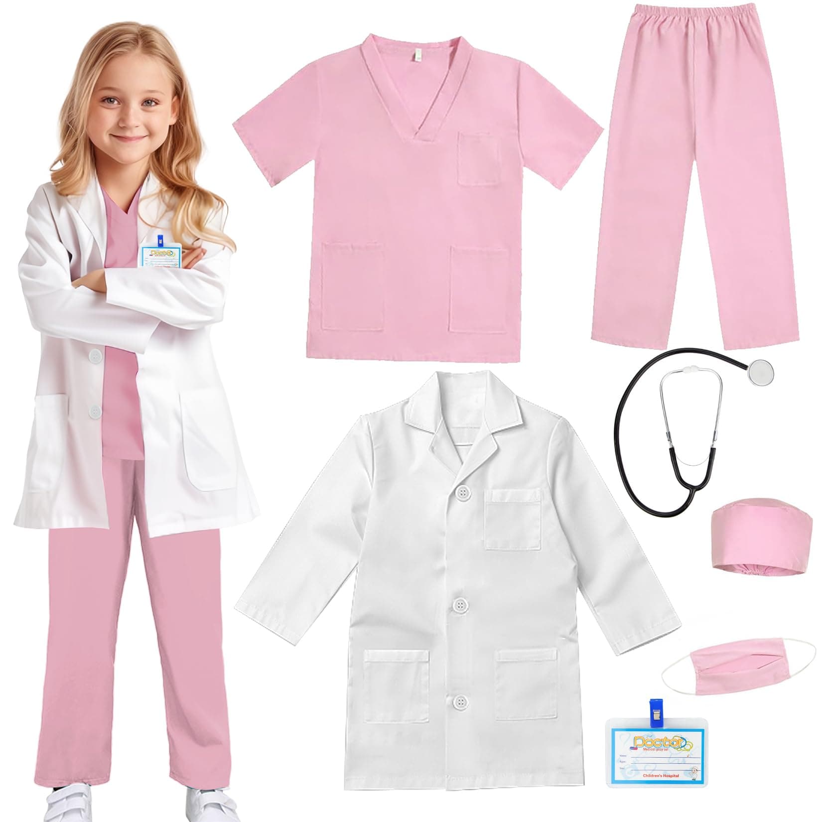 Doctor Scrubs Costume for Kids With Set Lab Coat Halloween Dress Up For Boys Girls 3-12 (Light Pink, XL-140/7-8Y)