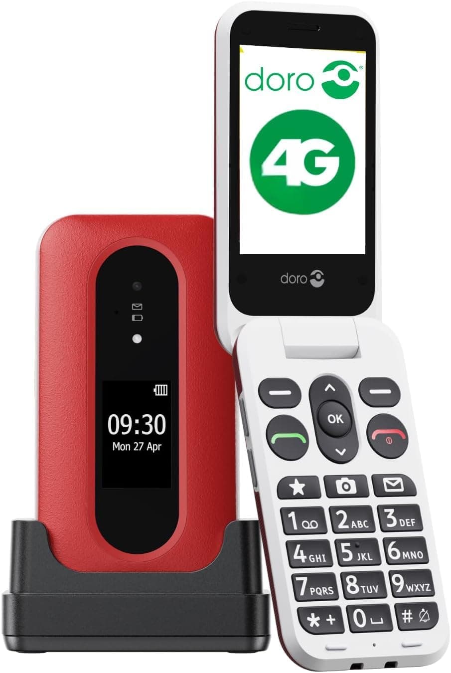 Doro - Leva L30 - Senior Mobile Phone - No Contract 4G Folding Mobile Phone - External Display - HD Sound Quality - Camera - Emergency Button with GPS - Charging Station Included - Red/White