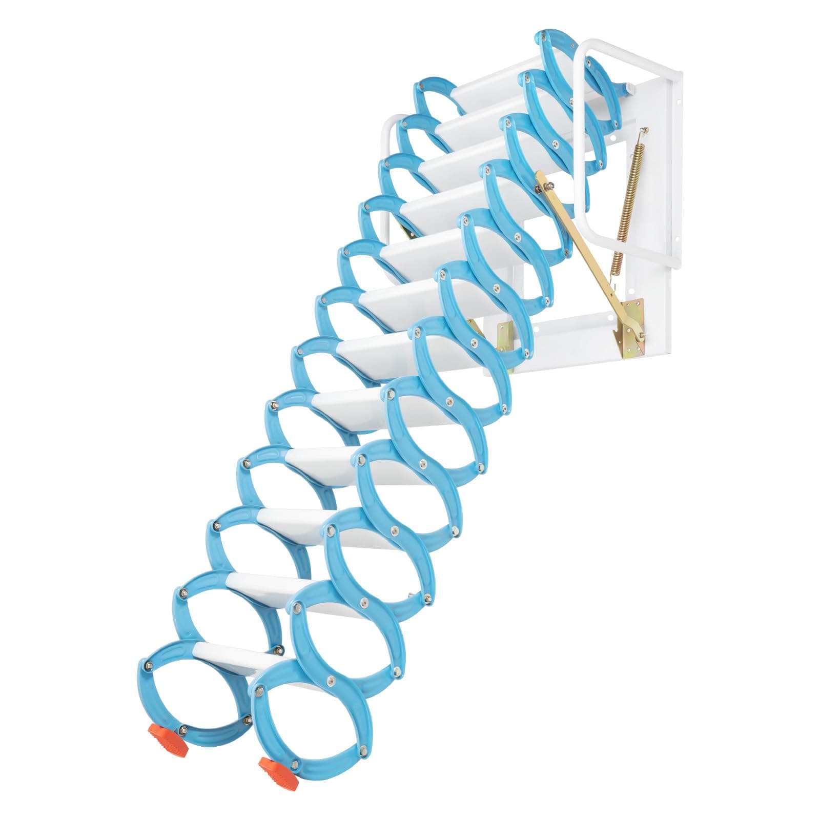 12 Steps Attic Ladder, 12ft Wall-Mounted Attic Ladder Pull Down System, Folding Aluminum Attic Ladders, Attic Stairs Pull Down Door, Attic Ladder for Attics, Garages, Roofs, Basements (Blue White)