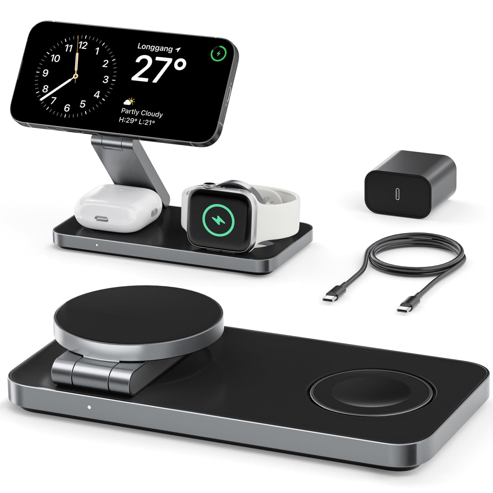 3 in 1 Wireless Charging Station, Magnetic Foldable Fast MagSafe Charger Stand Compatible with Apple Devices iPhone Air/17/16/15/14/13/12, Apple Watch Ultra/SE/10/9/8/7/6/5/4, AirPods Pro/3/2 (Black)