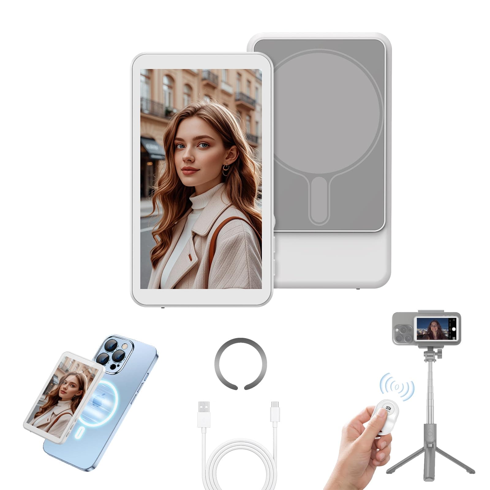 Selfie Monitor Screen for iPhone & Android - Magnetic Vlog Selfie Mirror for Phone Back Camera - Remote Control & 1800mAh Screen Mirroring Rear Camera