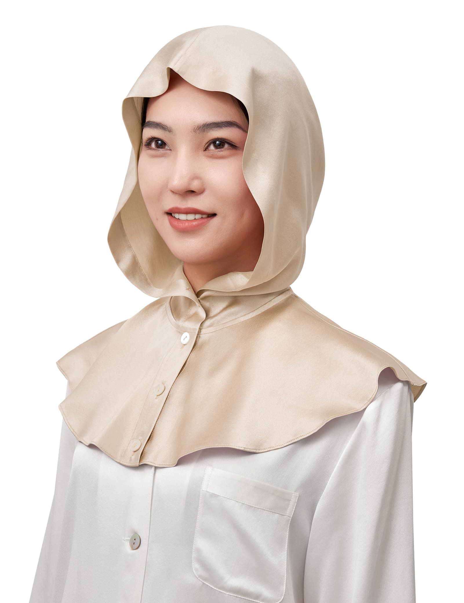 LilySilk 100% Silk Bonnet for Women 22MM Silk Night Cap with Buttons Neck Long Silk Sleep Cap Ruffle for Sleeping, Daily Care & Decoration Gravel Gold One Size
