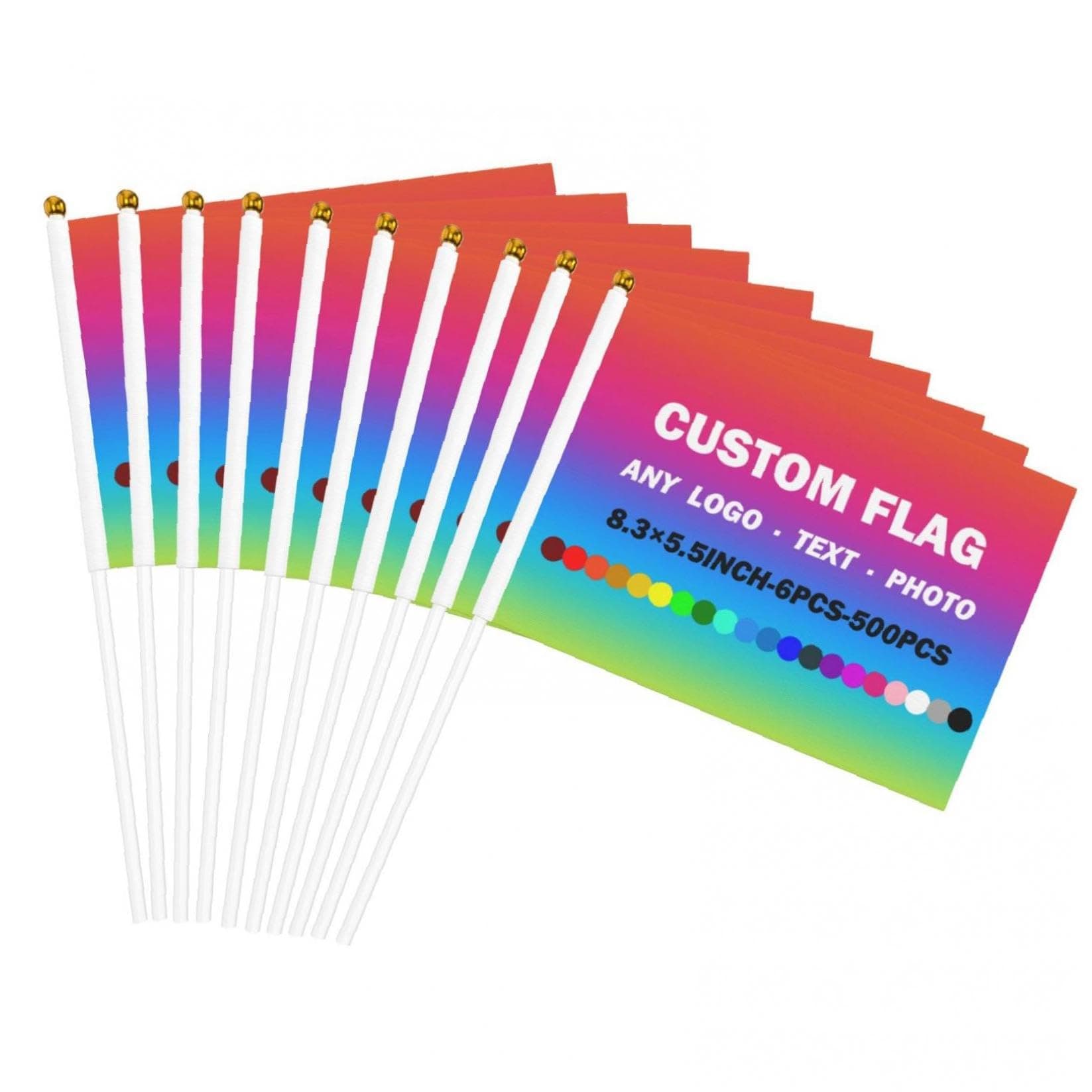 Custom Handheld Flag with Pole 6-500Pcs Personalized Stick Flag Mini Flags with Photo Text Logo Personalised Hand Held Small Flag for Team Activities Sport Events Football Match Parades