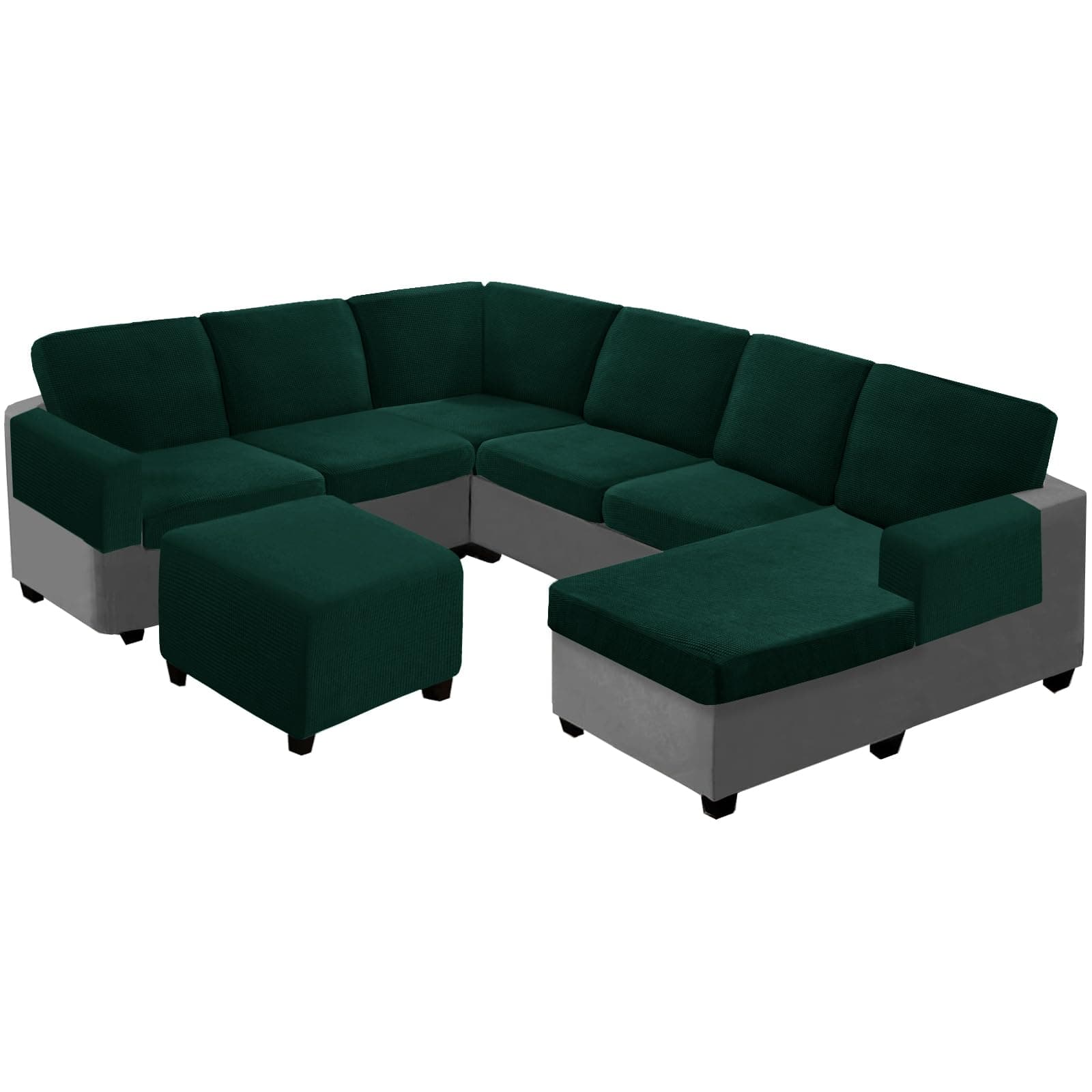 Seat Cushion Cover and Back Covers for Corner Sofa Stretch Jacquard, Non Slip L Shaped Sofa Slipcover with Storage Ottoman, Sectional Couch Cover for Chaise Lounge (Dark Green,16 x 83 x 6”)