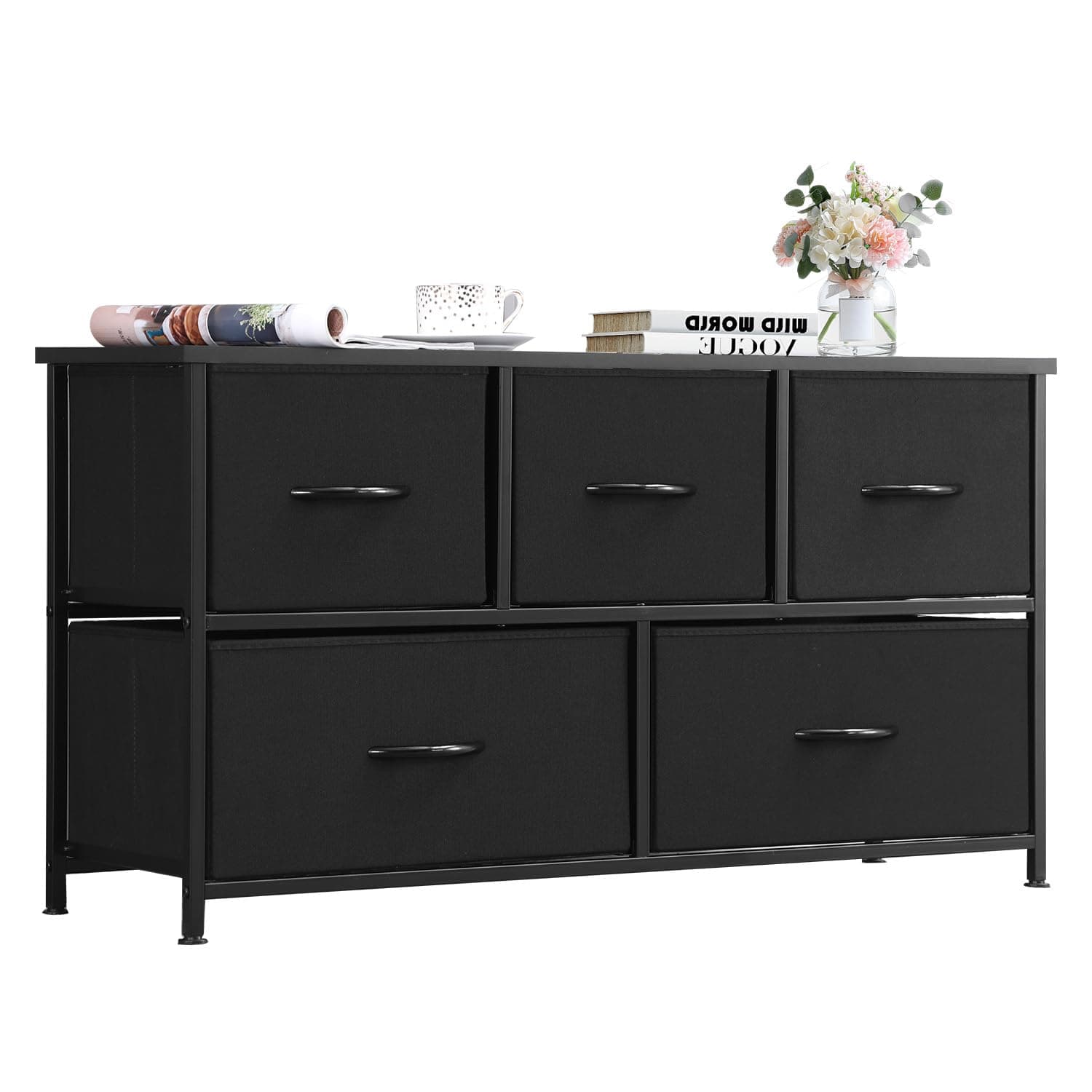 Dresser for Bedroom Chest of Drawers, 5 Non-Woven Fabric Drawers Storage Organizers for Entryway Living Room Closet Entryway Wooden Top Black Fabric