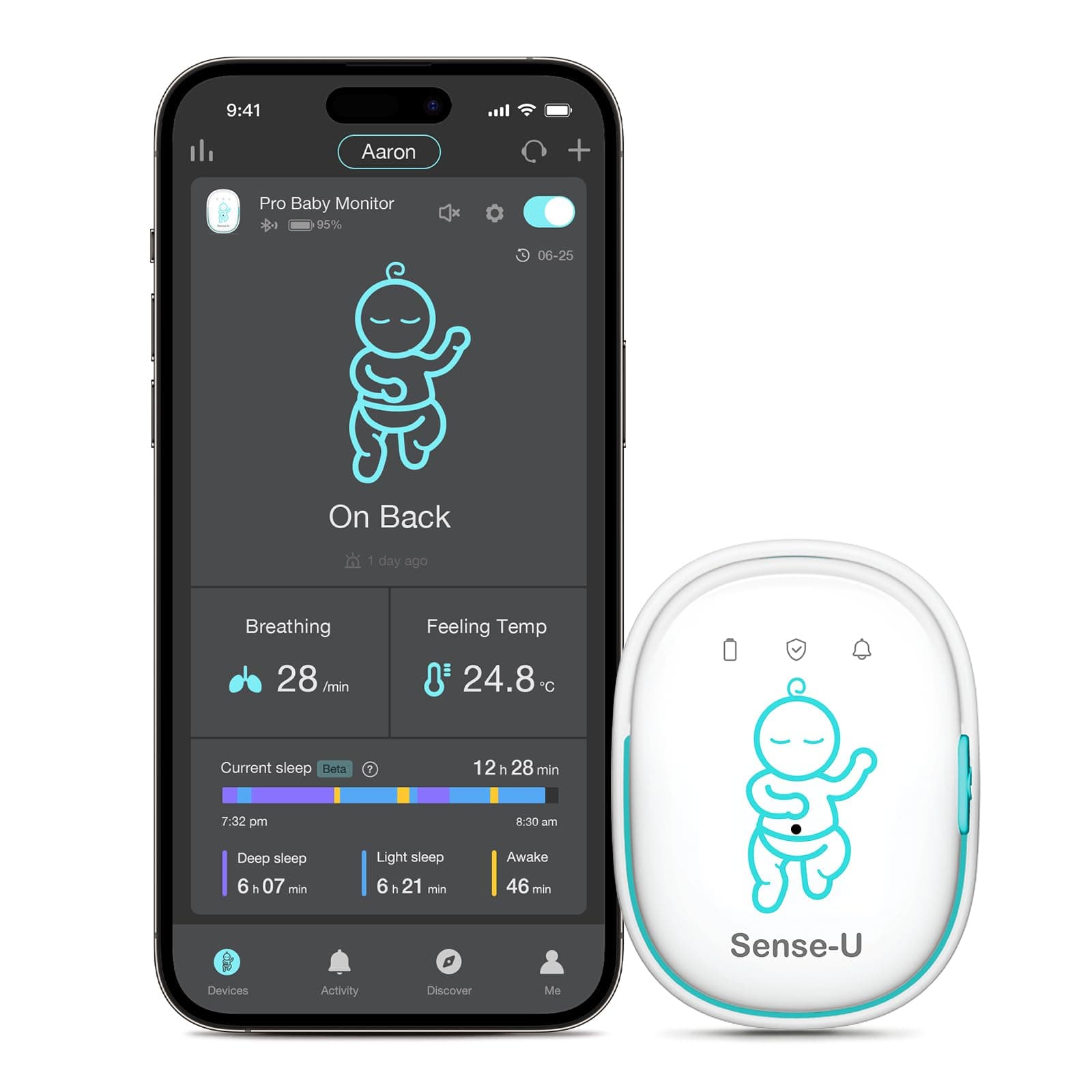 Sense-U Pro Baby Breathing Movement & Sleep Position Monitor with Gentle Vibration Alerts, Temperature Notifications, Audible & App Alerts, Sleep Analysis, Long Battery Life, Easy Clip-On Design