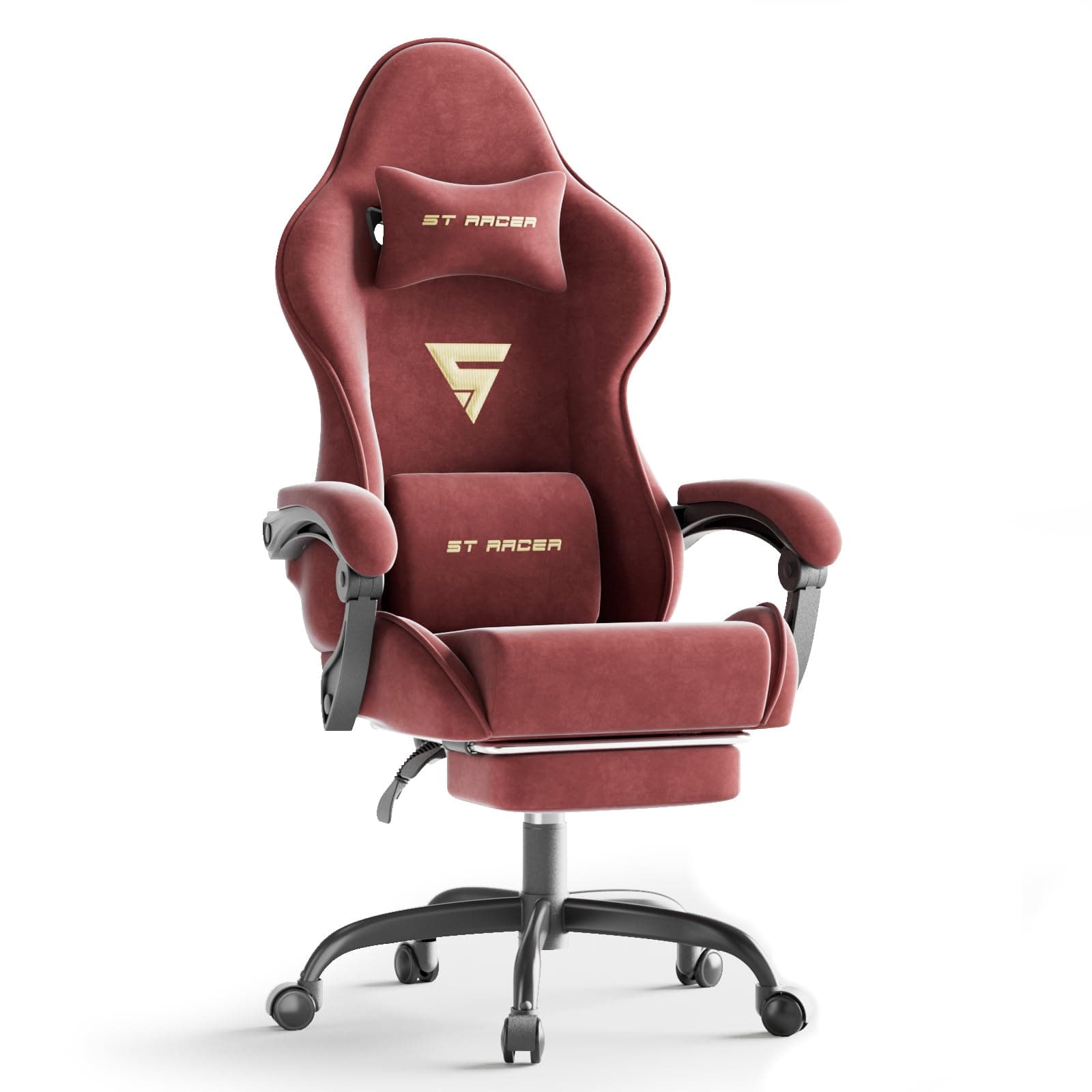 Ferghana Velvet Fabric Ergonomic Gaming Chair with Footrest and Massage, High Back Reclining Computer Gamer Chair for Adult, Racing Style PC Video Game Chair Suitable for Home Office (Red)