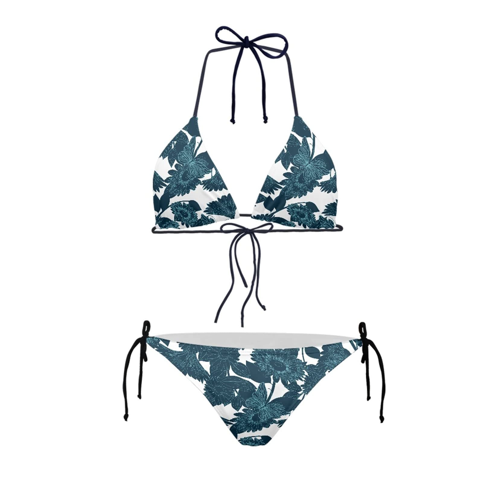 Howilath Floral Print Swimwear Blackish Green Barberton Daisy Flower Butterfly Design Women's 2 Pieces Tie Bathing Suit -XL