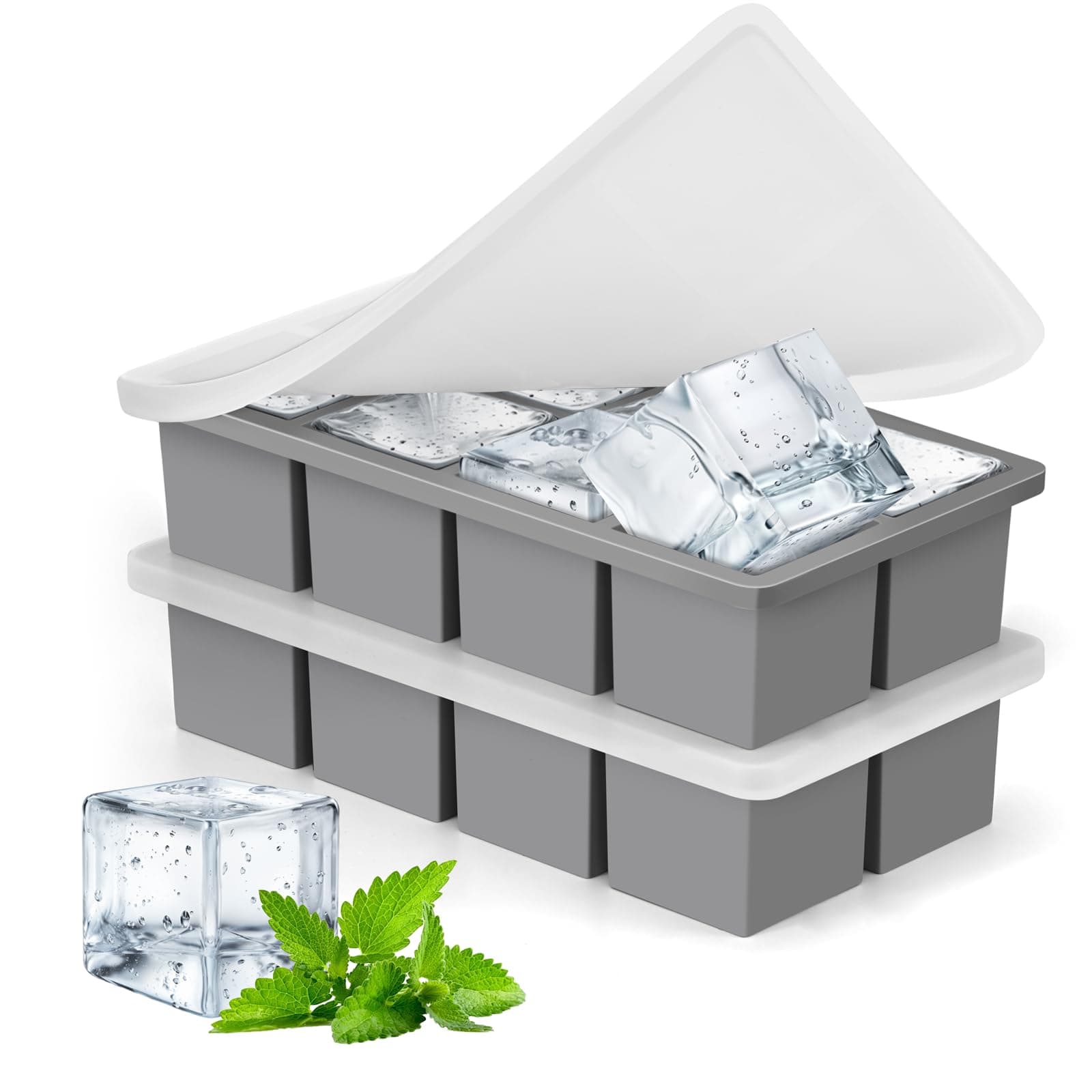 Ice Cube Tray for Freezer,2 Pack Large Ice Cube Molds for Whiskey,2Inch Square Ice Cube Tray,Easy-Release Ice Mold,16 Giant Ice Cubes for Bourbon Cocktail(Grey)