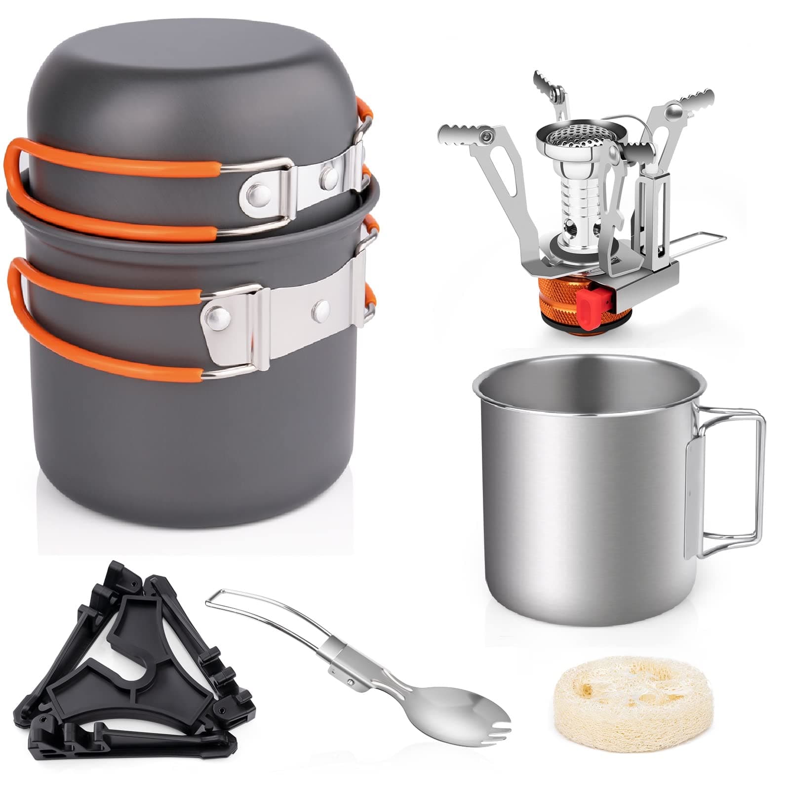 Gurukim 8pcs Camping Cookware Set, Camping Pot and Pan Set with Mini Backpacking Stove Stainless Steel Cup Spork and Tank Bracket Cleaning Tools Mesh bag,Cooking Gear for Outdoor Hiking Picnic