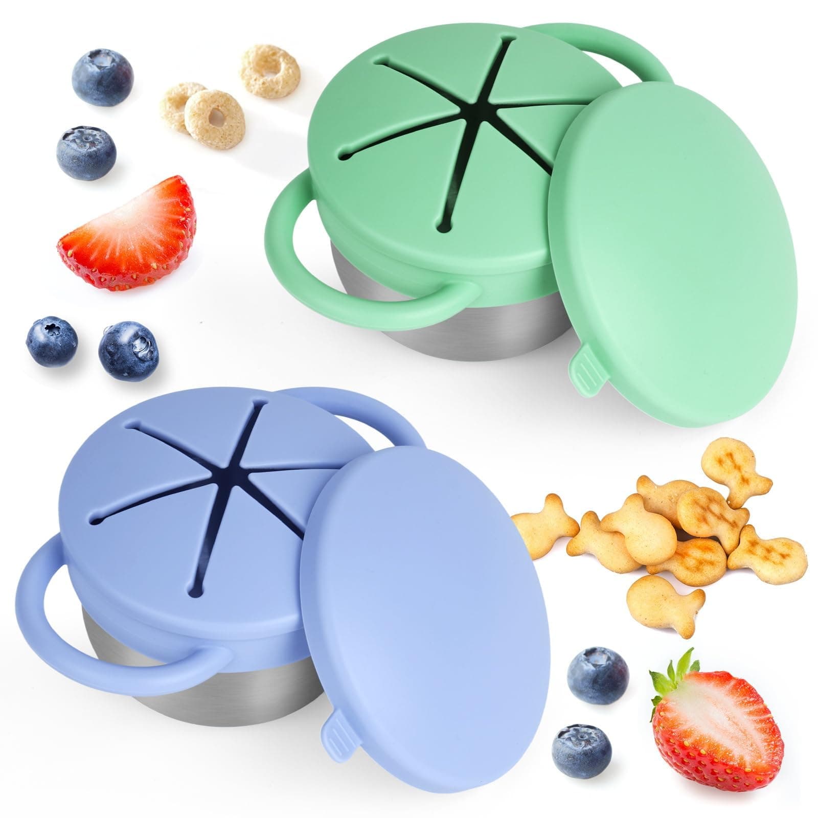 2 Pack Snack Cups for Toddlers Spill Proof - Detachable Stainless Steel Toddler Snack Cups with Silicone Lids & Handles (Blue-purple and Green)