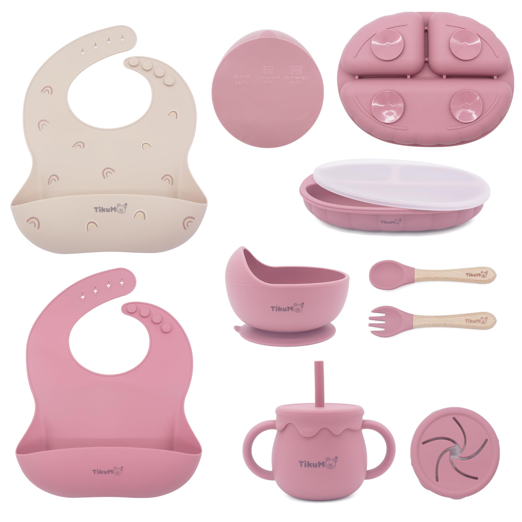 Tikum Baby Led Weaning Set, 9 Piece Silicone Feeding Set with Suction Plate, Lid, Bowl, Sippy Cup with Straw, Utensils & 1 Space and 1 Solid Bib, BPA Free, Dishwasher Safe (Pink)