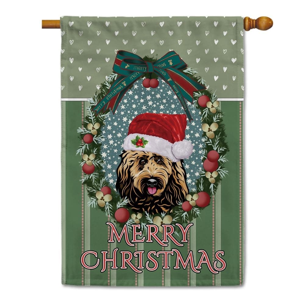 MALIHONG Merry Christmas House Flag Goldendoodle Dog with Santa Hat Christmas Wreath Yard Outdoor Decoration Flag 28x40 Inch Double Sided Xmas Winter Holiday Banner