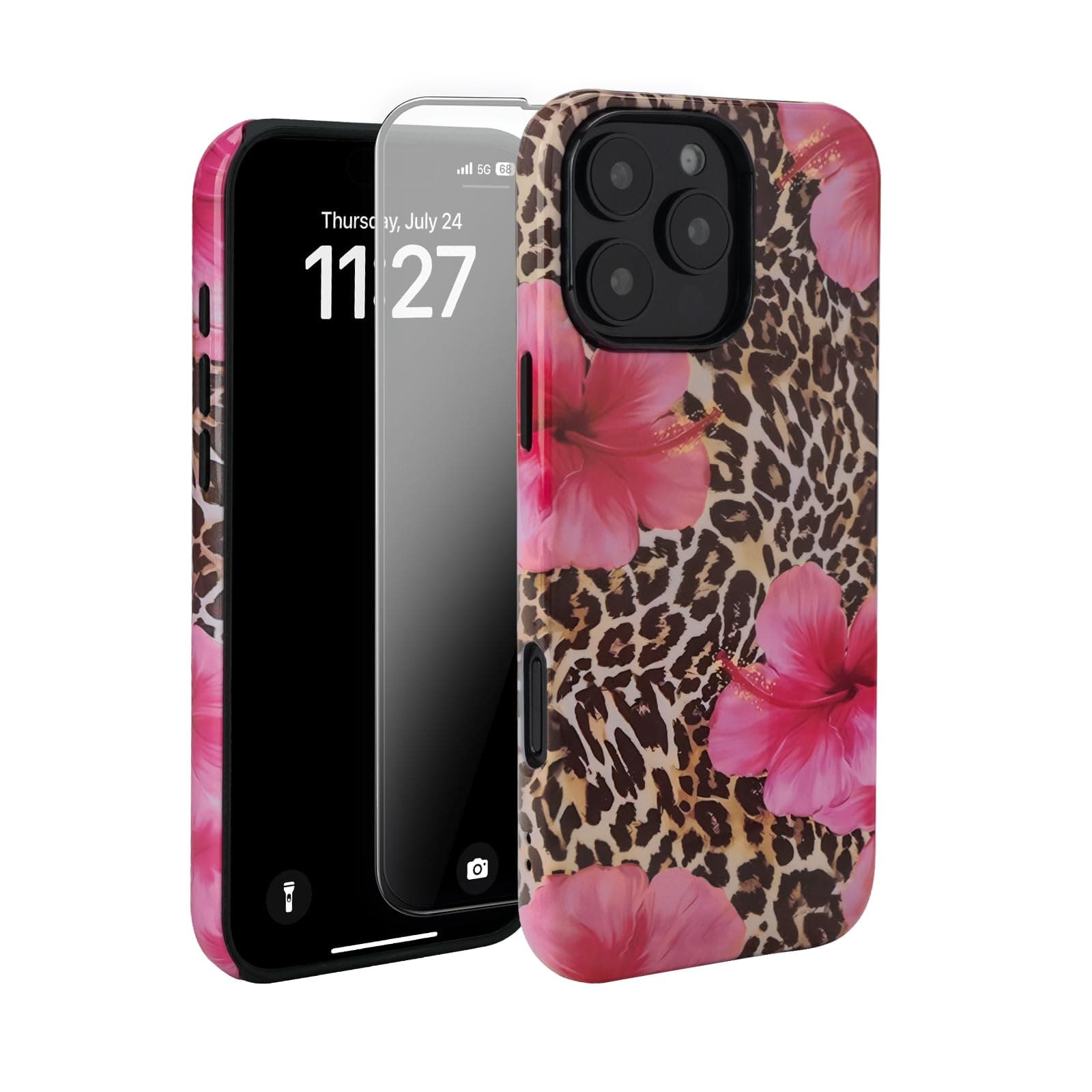 Vamlo Compatible with iPhone 14 Pro Max Case, Cute Leopard Pink Hibiscus Tropical Floral Pattern Phone Case with HD Screen Protector Silicone Shockproof Protective Phone Cover for Women Girls