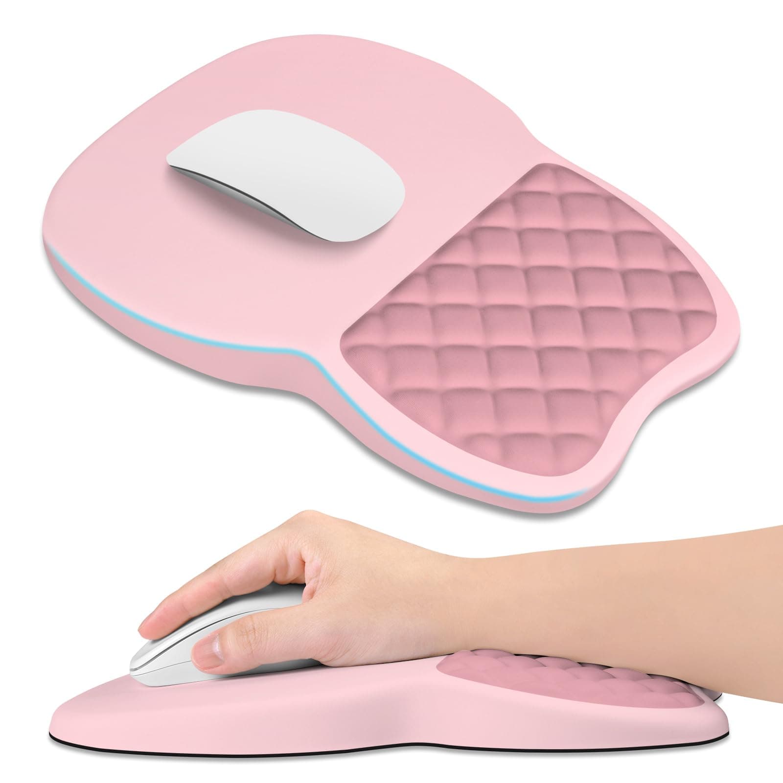 ITNRSIIET Ergonomic Mouse Pad Wrist Support with Memory Foam Massage Bulge & Non-Slip PU Base, Carpal Tunnel Pain Relief, Prevent Wrist Sweating, 29.5 x 21 x 3 cm, Pink Accent