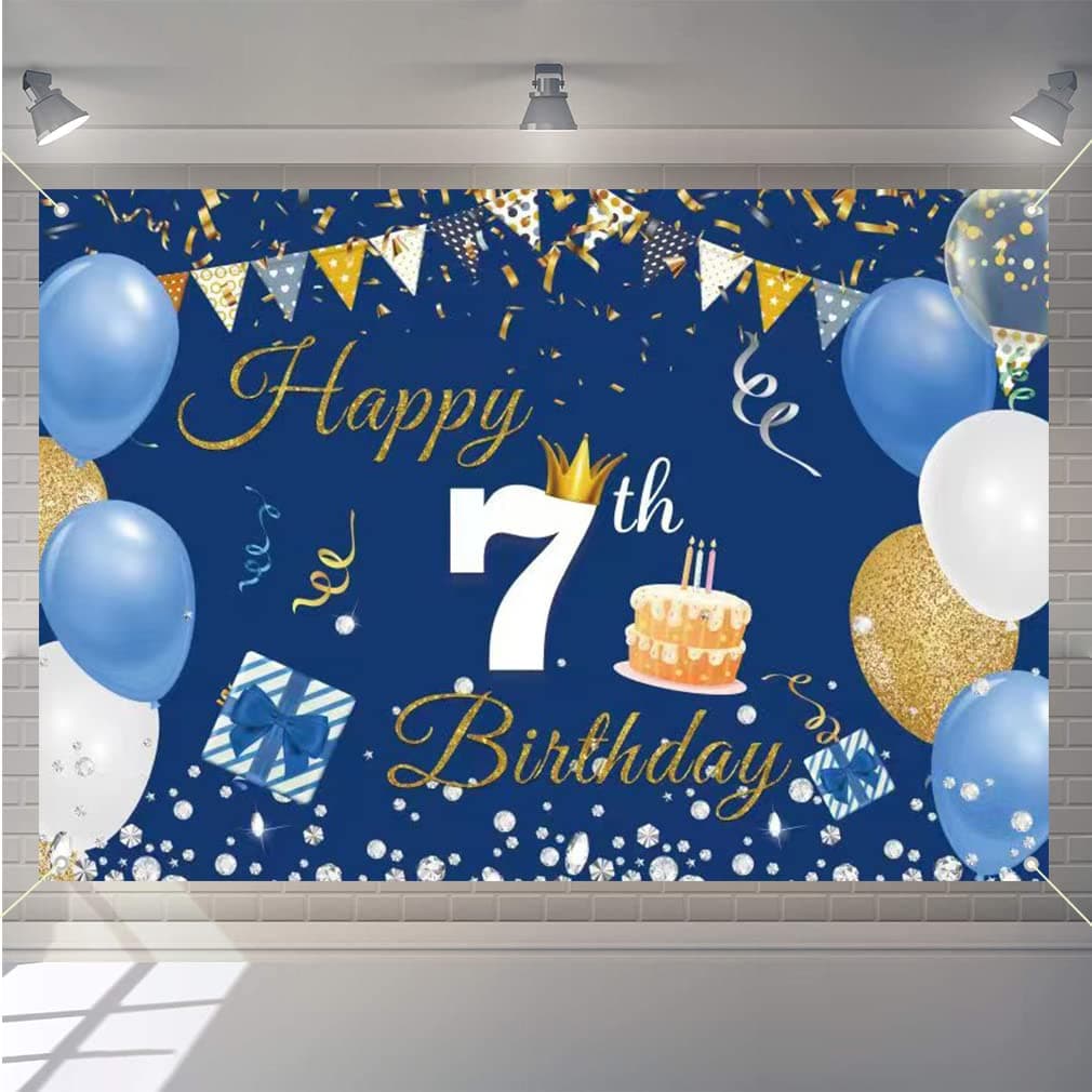 Happy 7th Birthday Backdrop Party Decoration Banner for Boy/Girl Happy 7 Years Old Fabric Sign Poster, Blue Photography Background Seventh Birthday Party Supplies, 150cm x 90cm