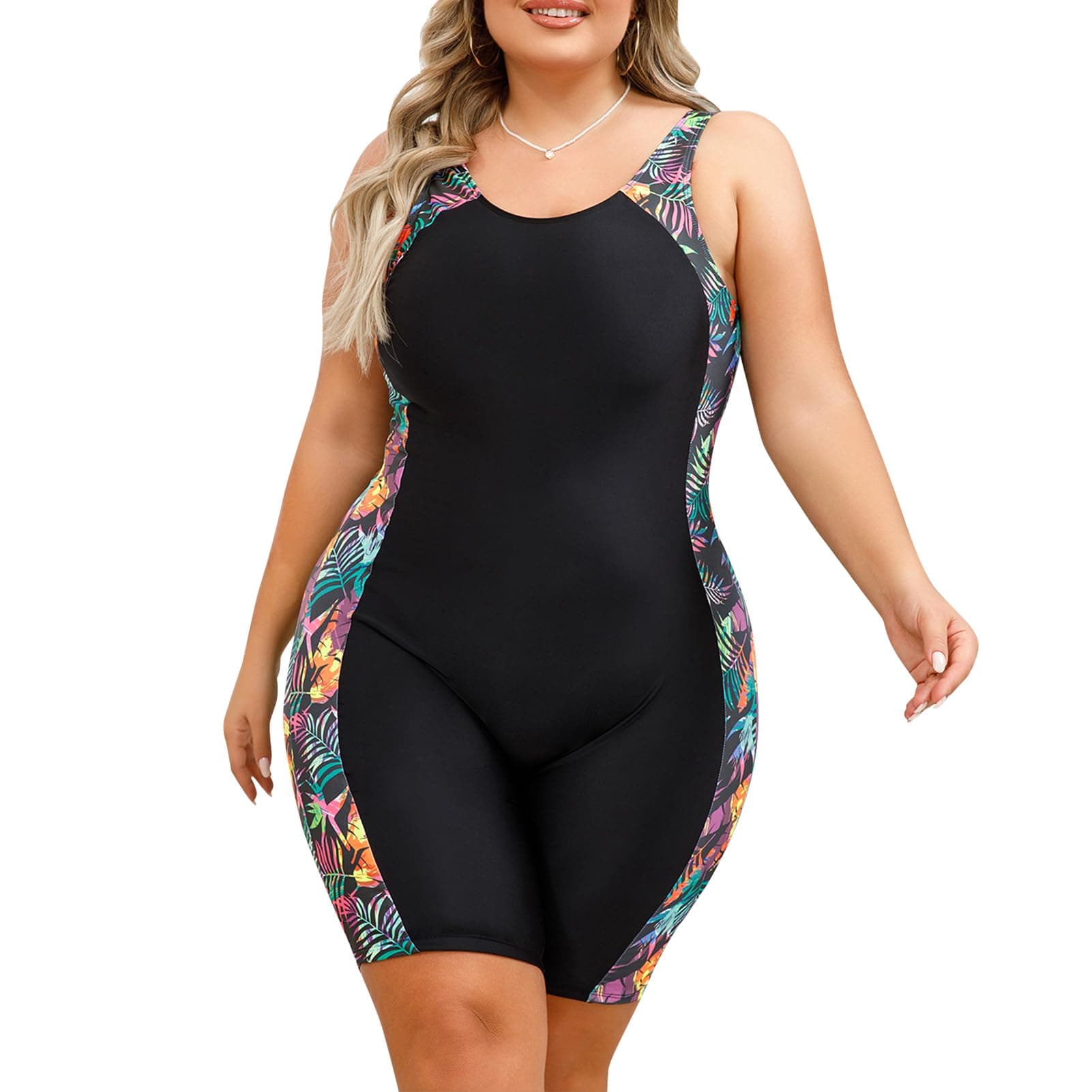 IBAKOM Women One-Piece Swimsuit Tummy Control Plus Size Swimsuit Rash Guard Boyleg Monokinis Surfing Bathing Suit Contrast Colors Leaf 3XL