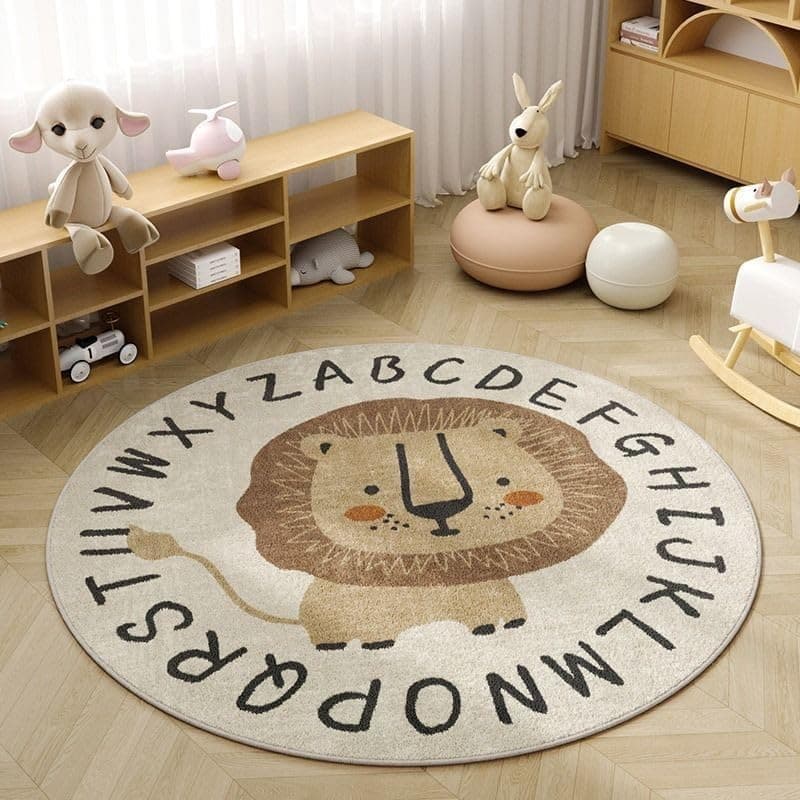 TEMBR Round Rug,Cute ABC Lion Large Non Slip Super Soft Plush Area Rug for Kids Room Playroom Nursery Bedroom, Educational Washable Circular Floor Mat for Home Room Decorative(39.4")