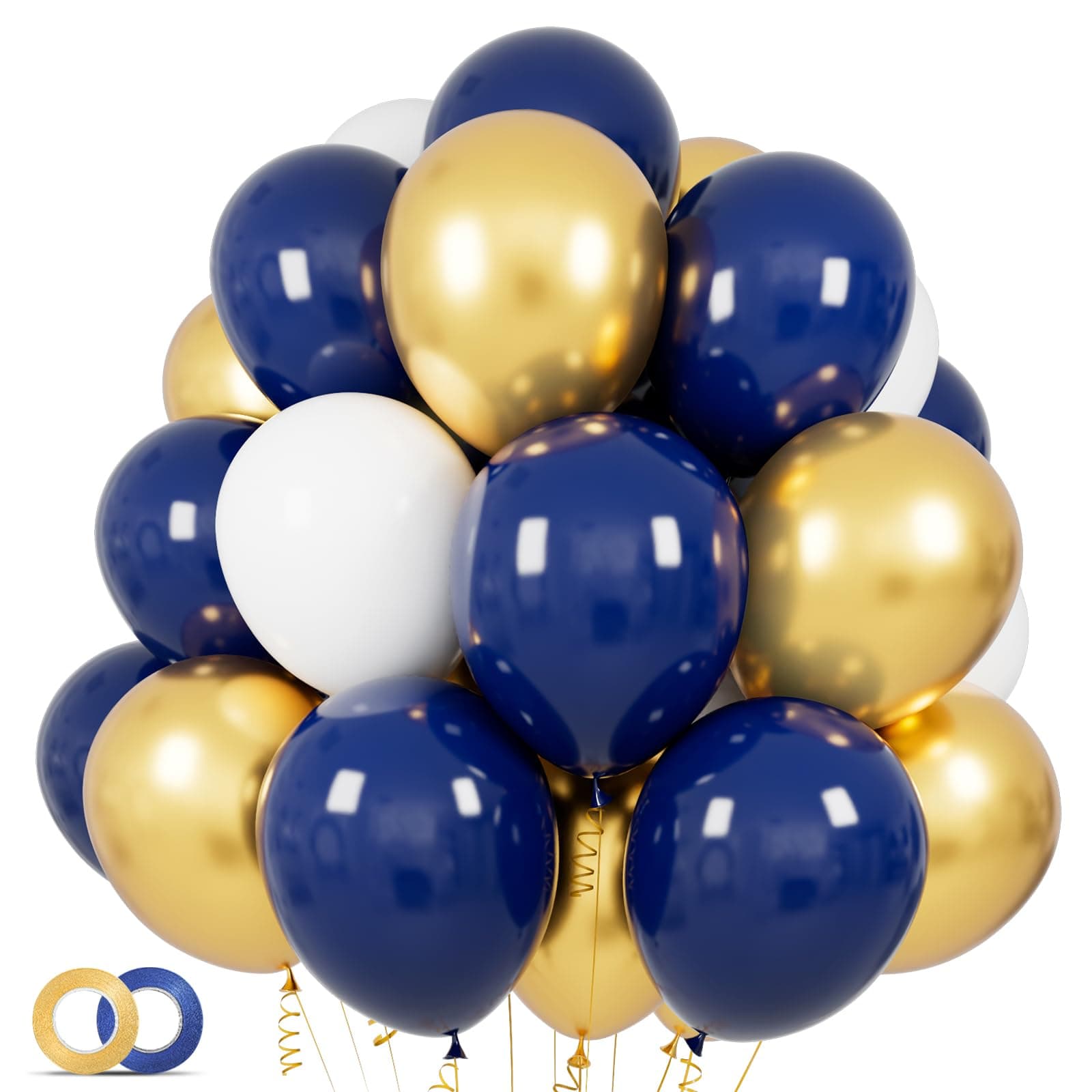 100 pcs Navy Blue and Gold Balloons 12 inch White Dark Blue and Gold Metallic Chrome Balloons for Birthday Party Celebration Graduation Decorations