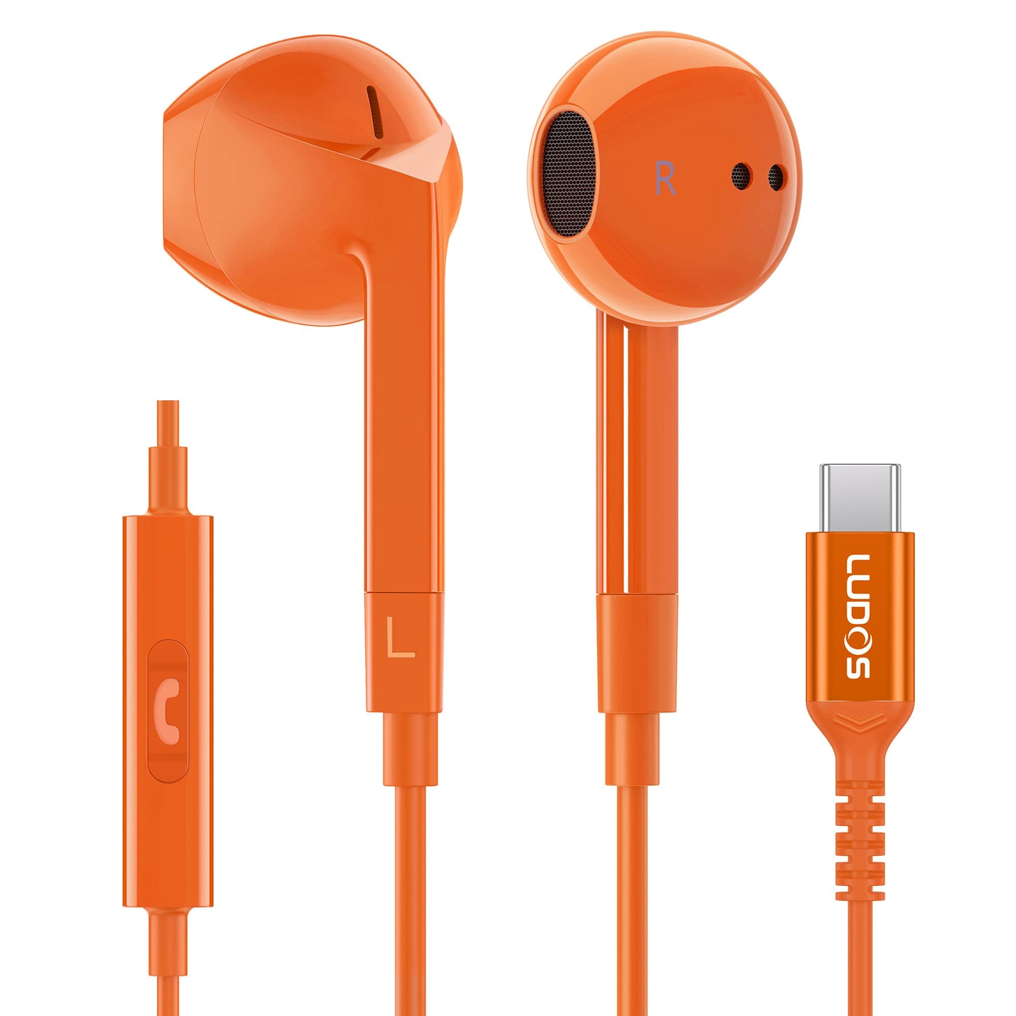 LUDOS FEROX USB C Headphones, 5 Years Warranty, USB-C Earbuds for iPhone 16 15 Pro Max Plus Samsung Galaxy S24 S23 Ultra S22 S21 FE S20 Z Flip 3 Fold 4 A53 A54, USB Type C Earphones for iPad - Orange