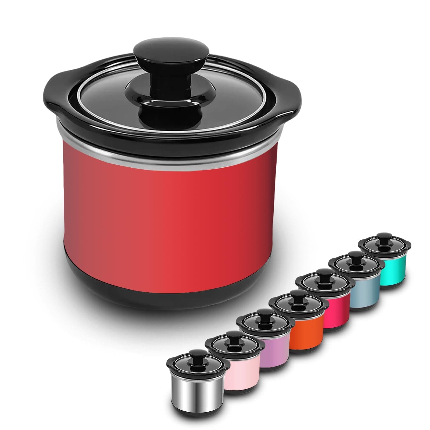 Mini Slow Cooker, 0.65 Qt Capacity small slow cooker, Ceramic Pot, Nutrient Loss Reduction, For Sauces, Stews & Dips, Red Exterior, Round