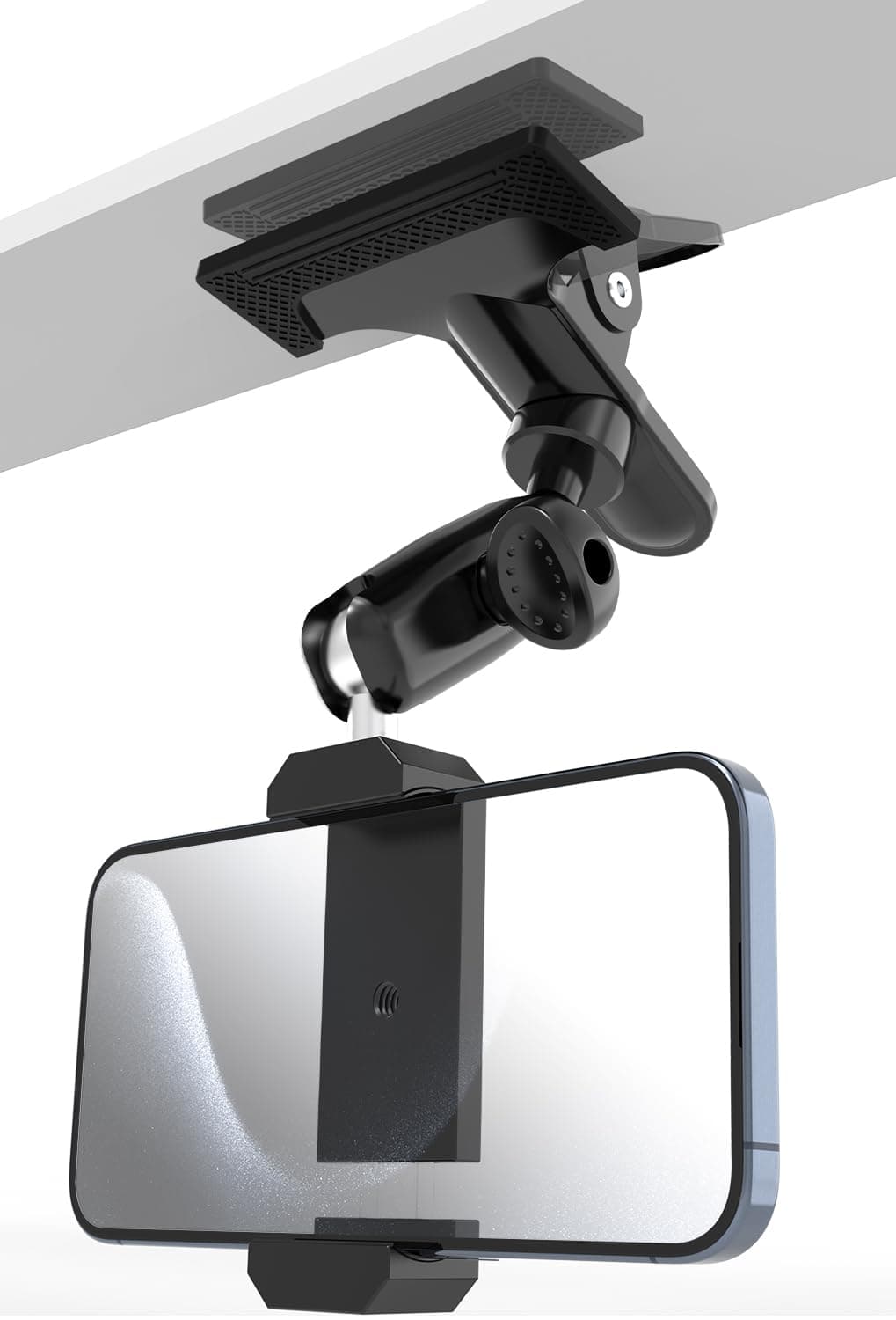 LYFICCS Sun Visor Metal Phone Holder for Car, [Two Swivel Ball Heads] Cellphone Holder for Vehicle with 1/4'' Clamp Fit for iPhone 15/14/ 13/12 Pro Max, Galaxy S24/ 23/22, and More 4-7'' Smartphone