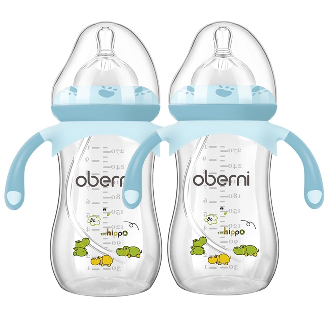 Oberni Anti-Colic Baby Bottle with Level 4 Fast Slow Nipple and Non-Slip Handles, 9oz / 270 mL, 12 Months+, Blue/2Pack