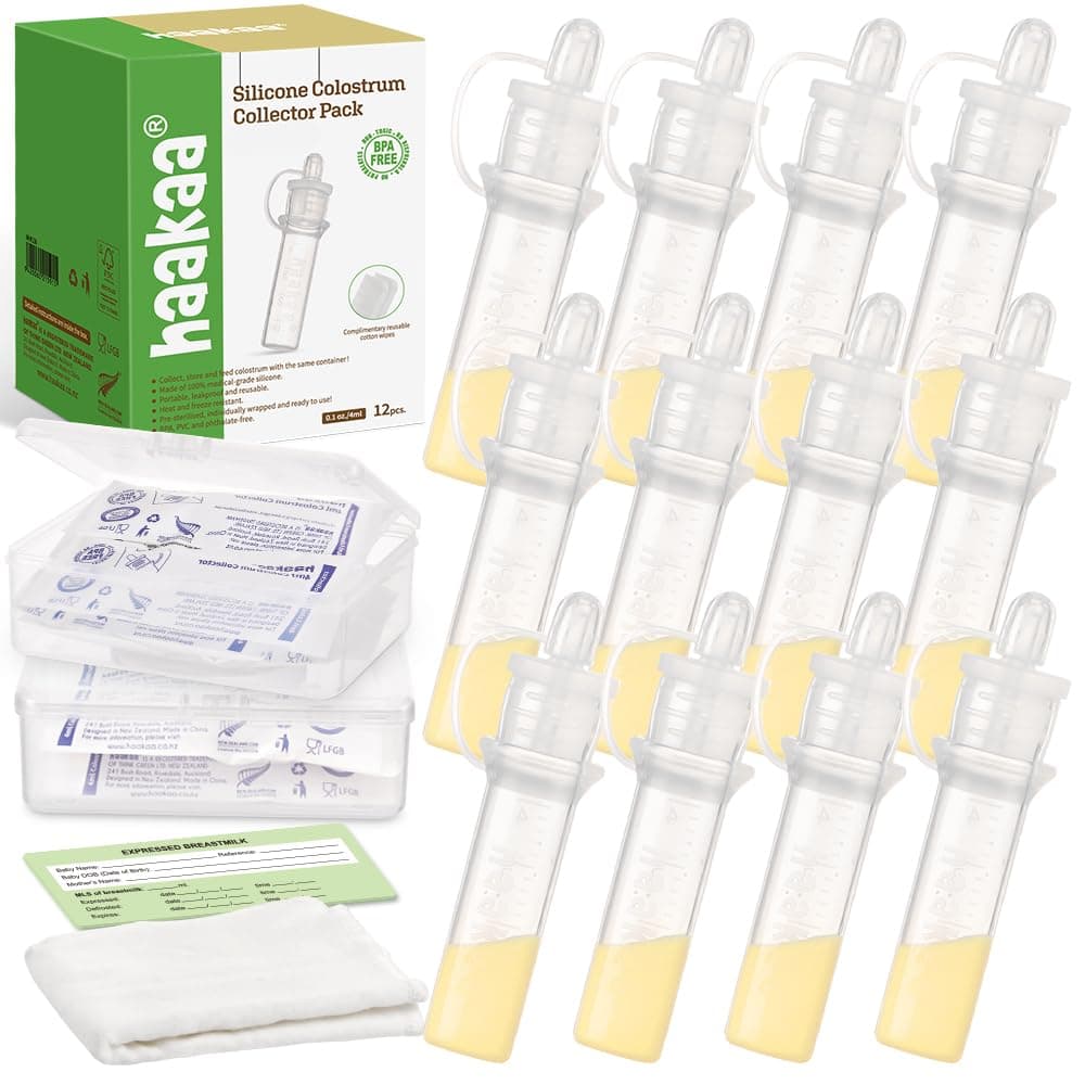 haakaa Silicone Colostrum Collector Set Reusable Silicone Colostrum Collector for Breastfeeding to Collect, Feed & Store, with 2 Clear Storage Cases & 2 White Cotton Wipe (0.1oz/4ml, 12 PK)