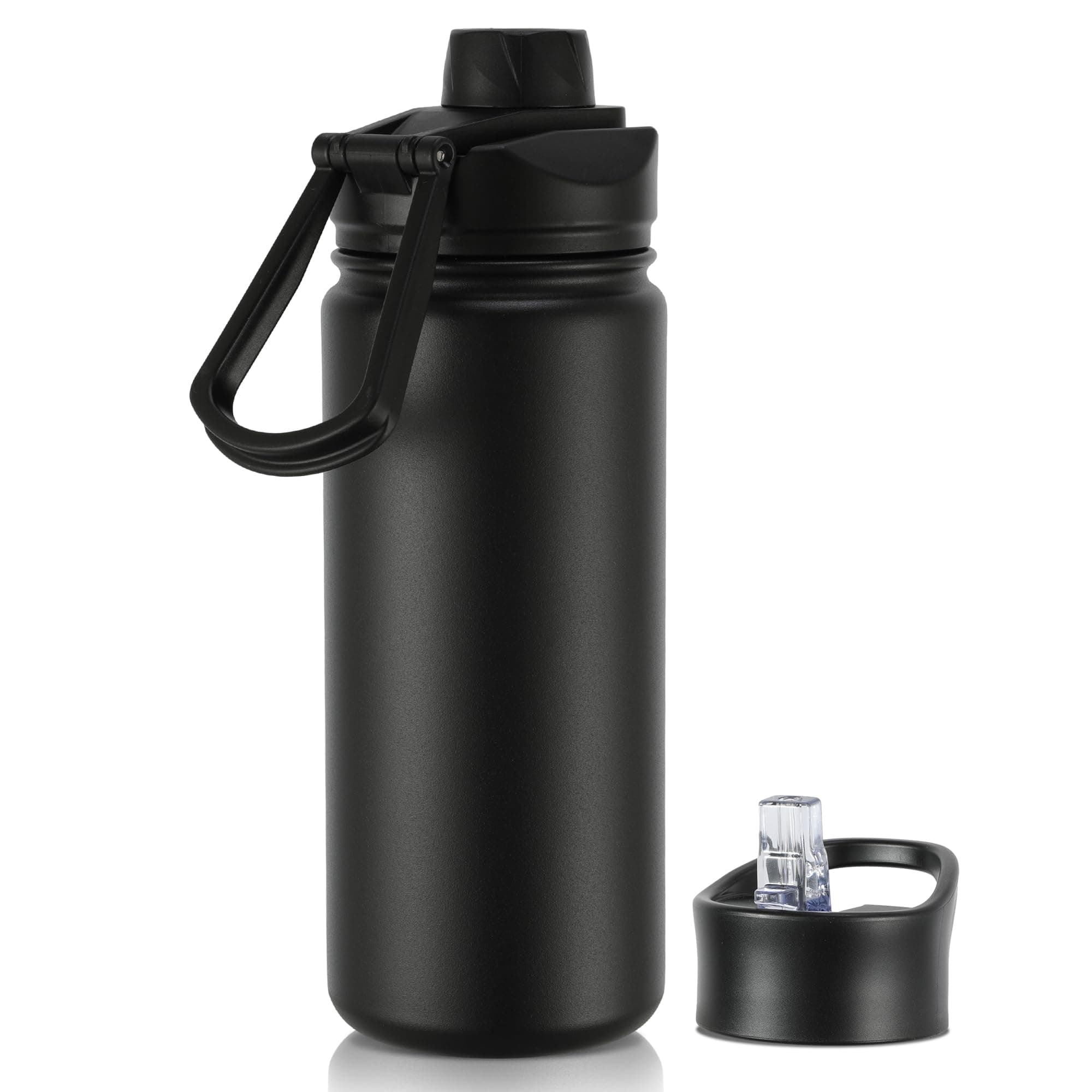 16 oz Insulated Water Bottle with Straw Lids, Stainless Steel Water Bottles, Double Wall Vacuum Metal Water Bottle with Straw & Wide Mouth Lid, Black 1 Pack