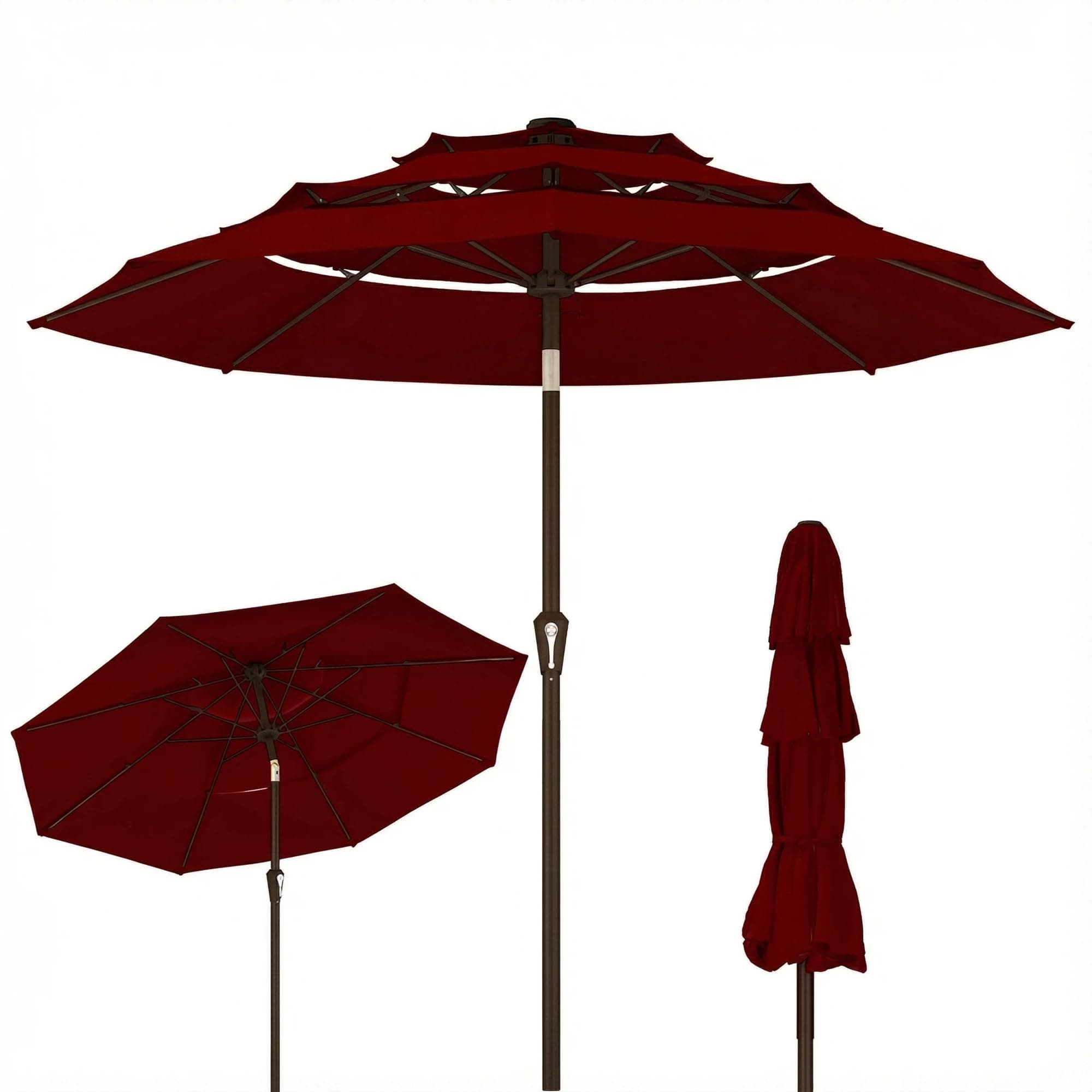 Kingdura 9ft 3-Tier Patio Umbrella, Outdoor Table Umbrella with Easy Crank & Tilt, 8 Reinforced Ribs, UV Protection for Deck, Pool, Market, Backyard (Dark red)