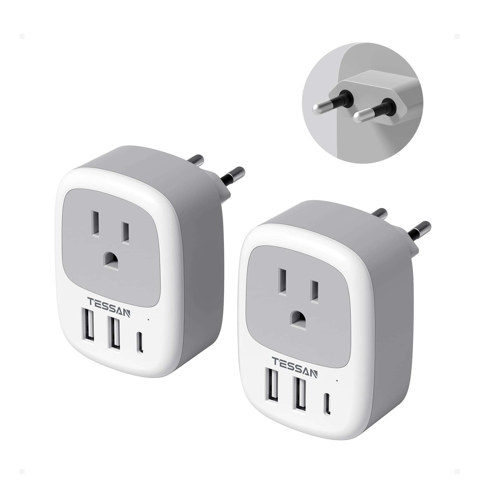 TESSAN 2 Pack European Travel Plug Adapter, US to Europe Plug Adapter