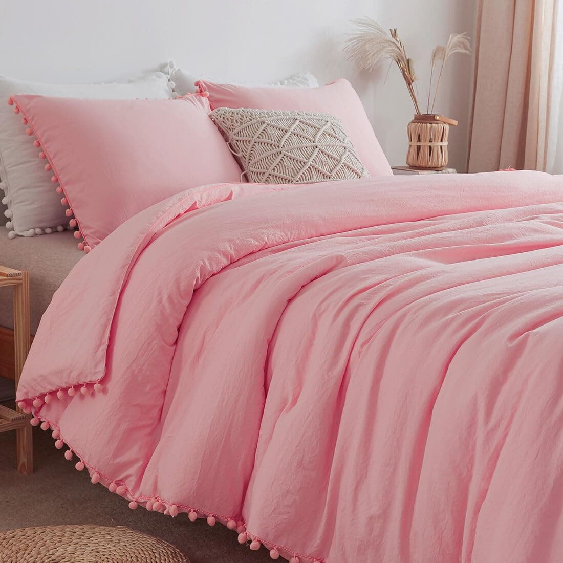 TanNicoor Pom Fringe Duvet Cover Set - 2 Piece Natural Ultra SOFE Color Washed Cotton Bedding Set, Modern Style Down Comforter Quilt Cover with Zipper Closure(Twin,Peach Pink)